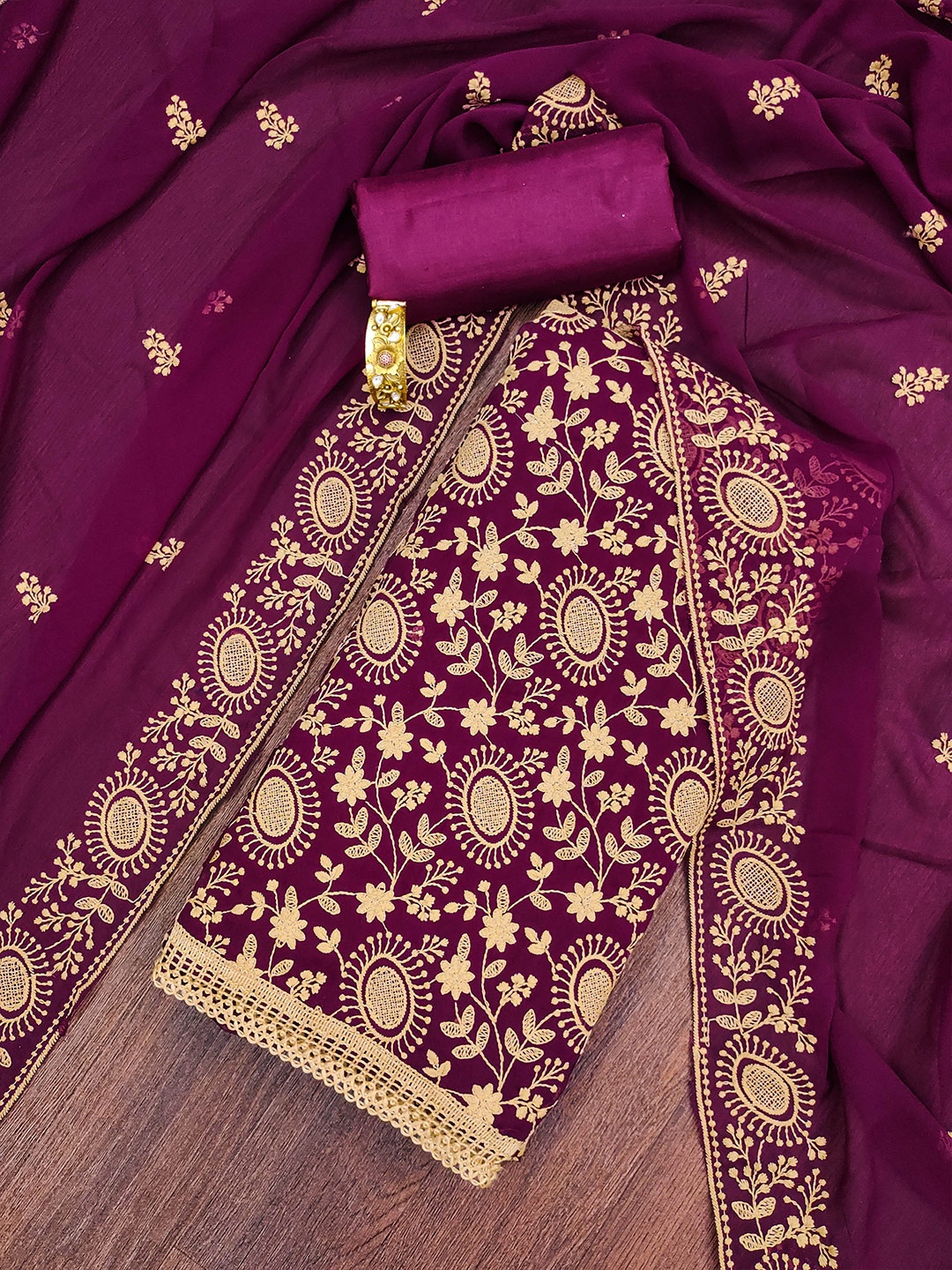 

MANVAA Embroidered Georgette Unstitched Dress Material, Purple