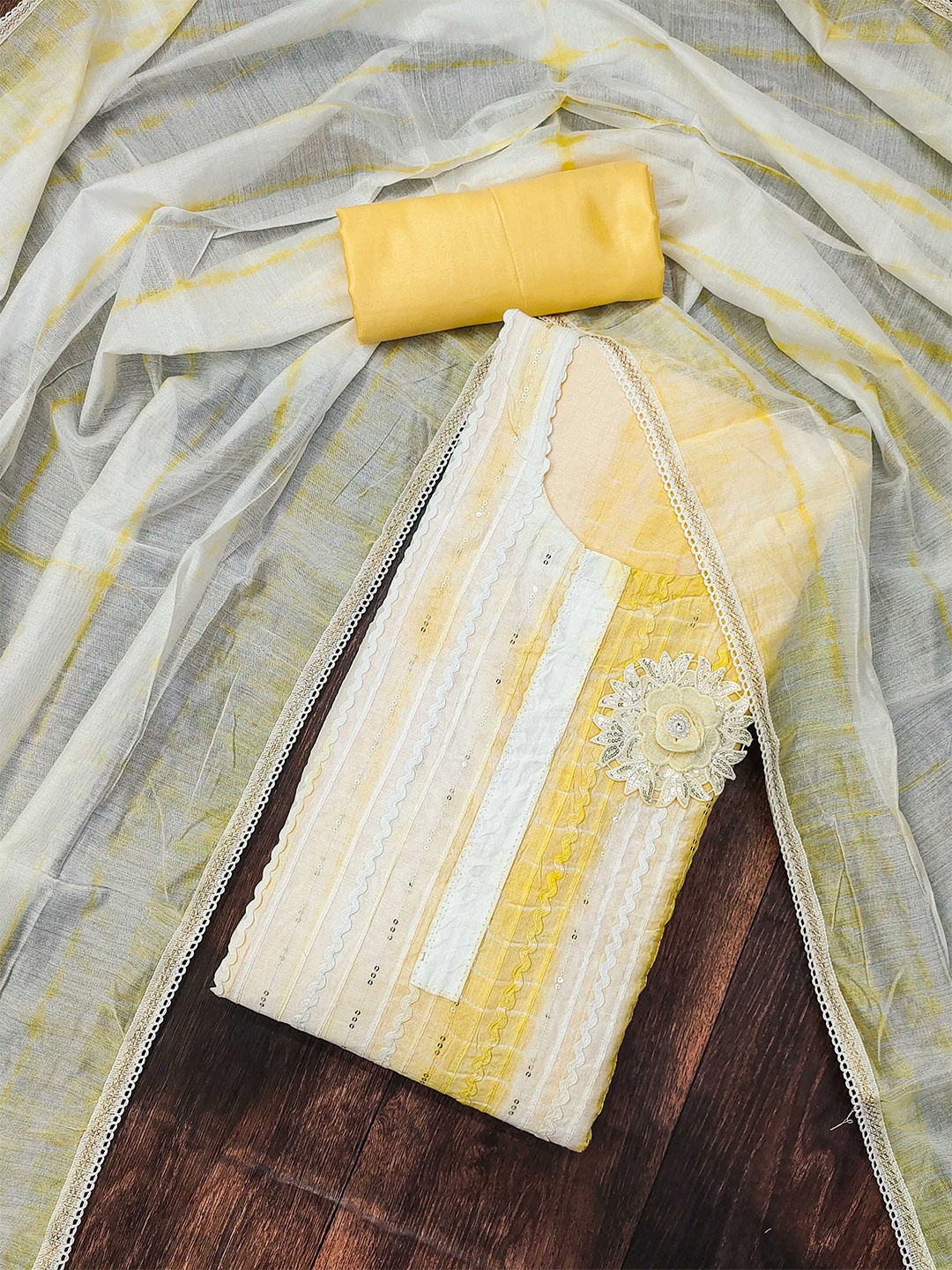 

MANVAA Embellished Cotton Unstitched Dress Material, Yellow
