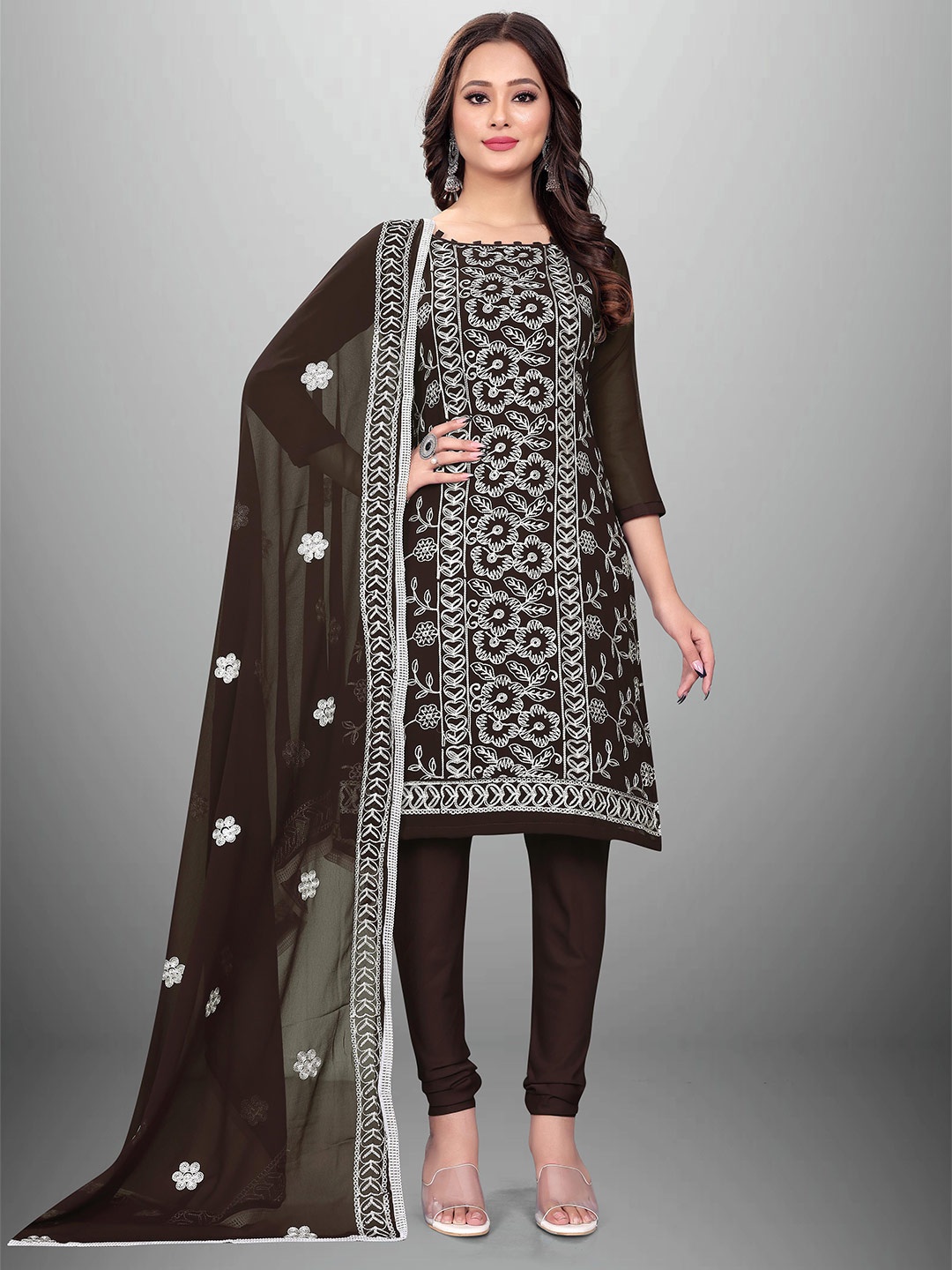 

MANVAA Embroidered Unstitched Dress Material, Brown