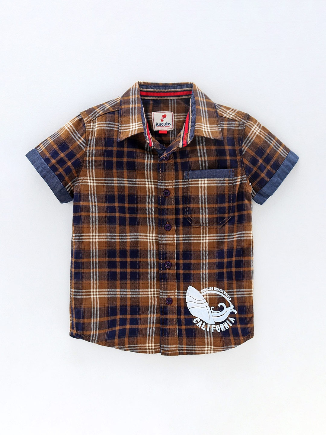 

JusCubs Boys Premium Tartan Checked Spread Collar Short Sleeves Casual Shirt, Brown
