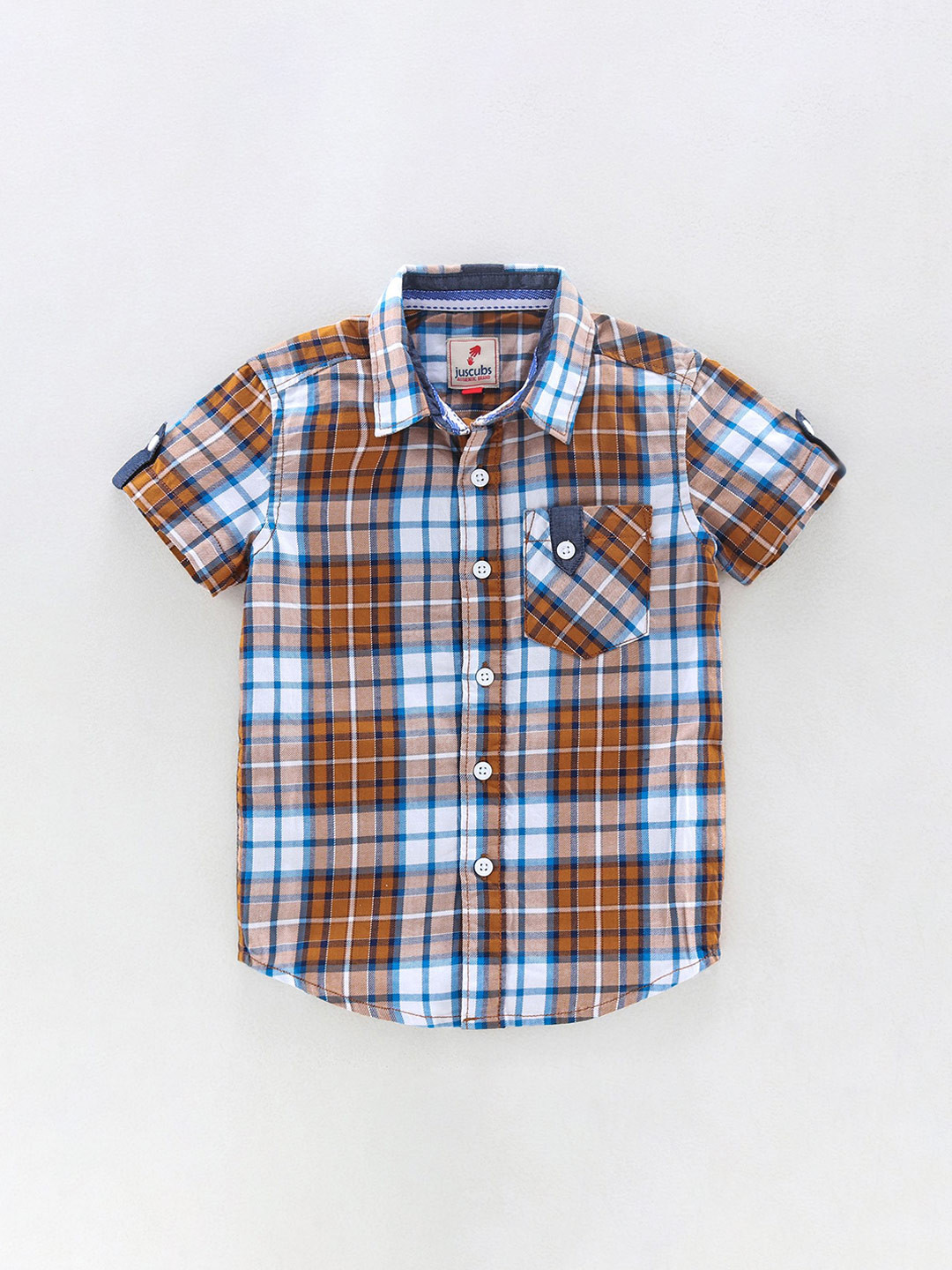 

JusCubs Boys Premium Tartan Checked Spread Collar Short Sleeves Cotton Casual Shirt, Brown