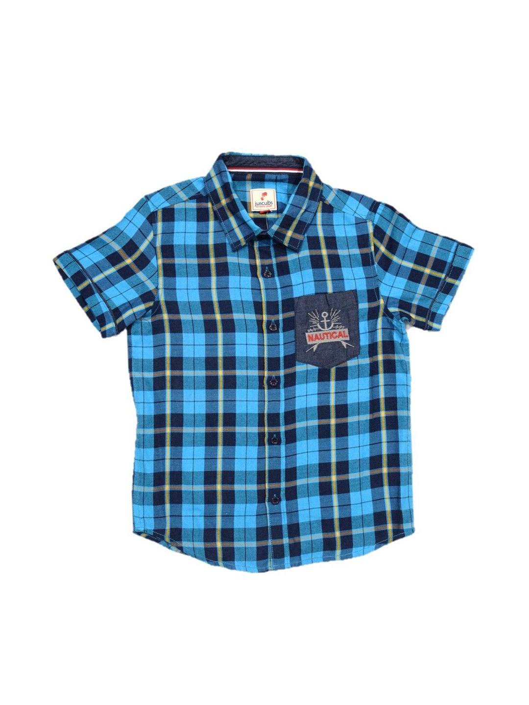 

JusCubs Boys Premium Checked Spread Collar Short Sleeves Cotton Casual Shirt, Blue
