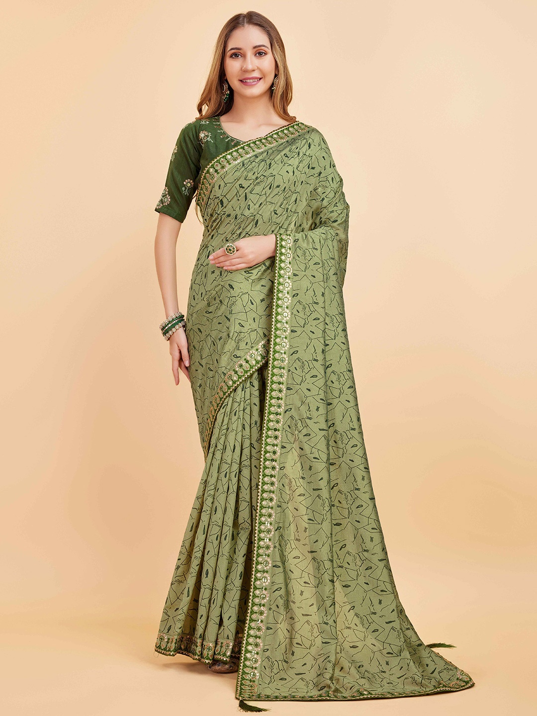 

Fashion Ritmo Abstract Printed Zari Embroidered Saree, Green