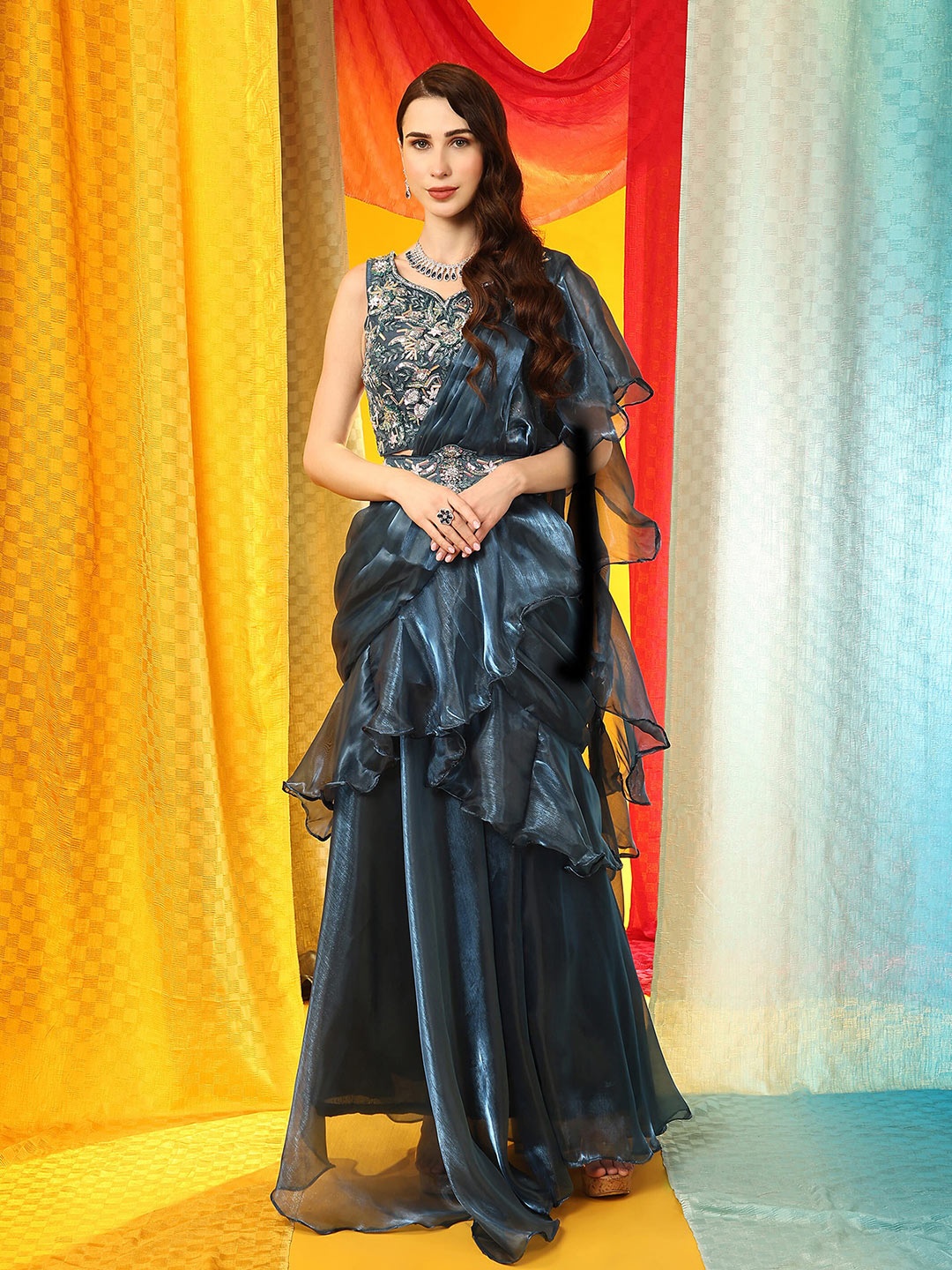 

AMOHA TRENDZ Pure Organza Ready to Wear Saree, Teal