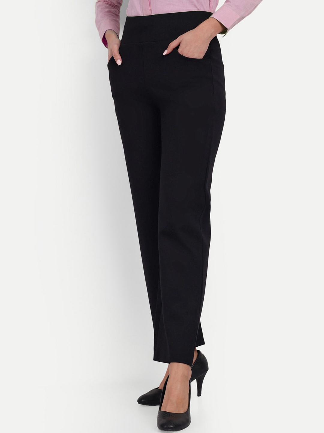 

Next One Women Smart Straight Fit High-Rise Formal Trousers, Black