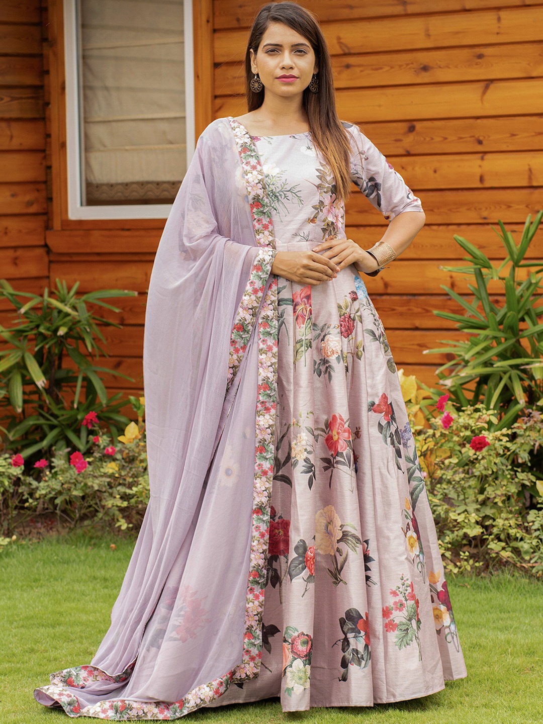 

Zeel Clothing Floral Printed Maxi Ethnic Gown Dress With Dupatta, Lavender