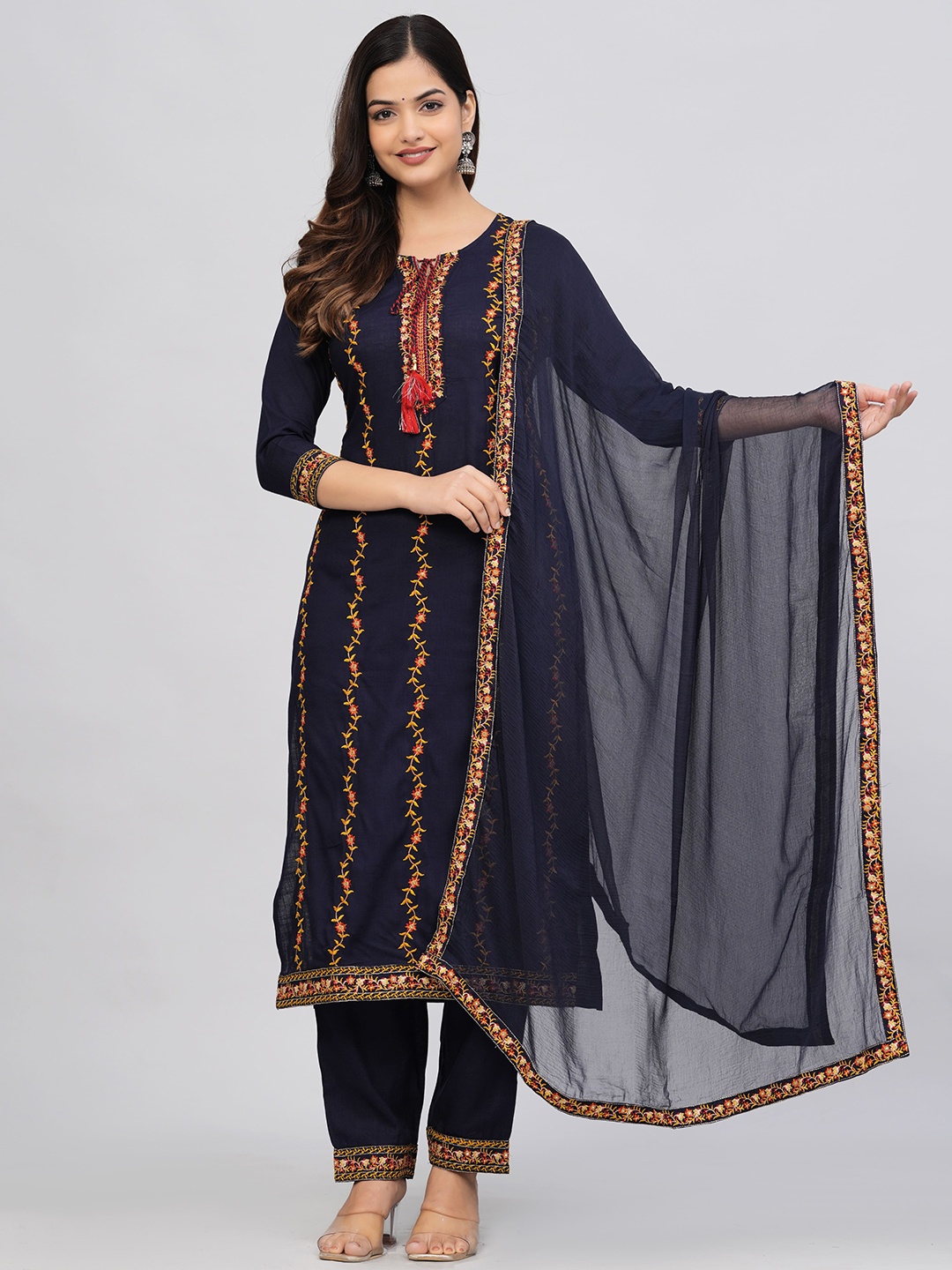 

KALINI Floral Embroidered Kurta with Trousers & With Dupatta, Navy blue