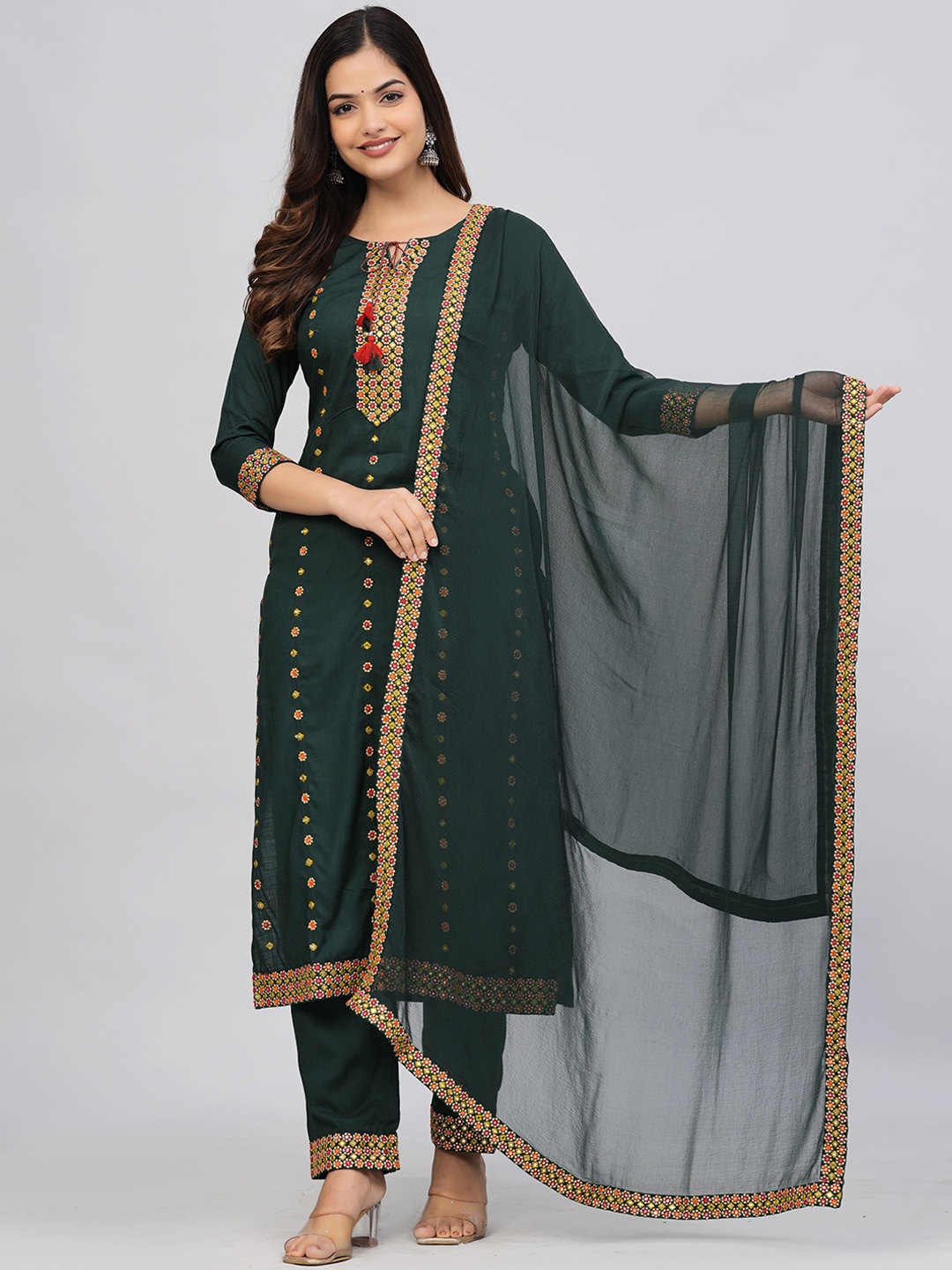 

KALINI Floral Embroidered Regular Kurta With Trousers & Dupatta, Green