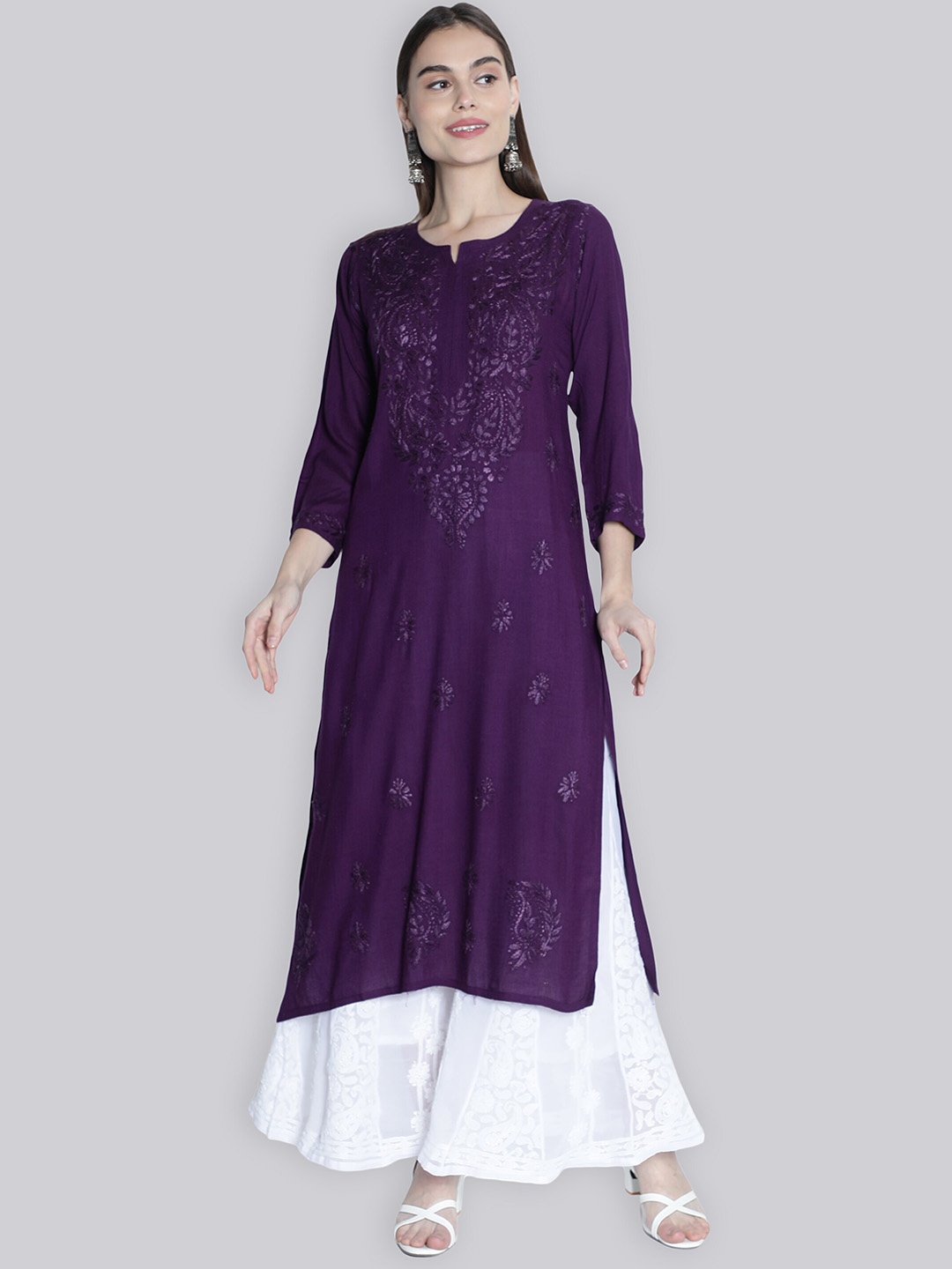 

Seva Chikan Ethnic Motifs Embroidered Notched Neck Straight Kurta, Purple