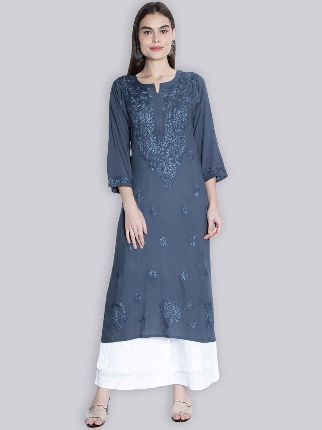 

Seva Chikan Paisley Embroidered Round Neck Lucknowi Chikankari Straight Kurta, Grey