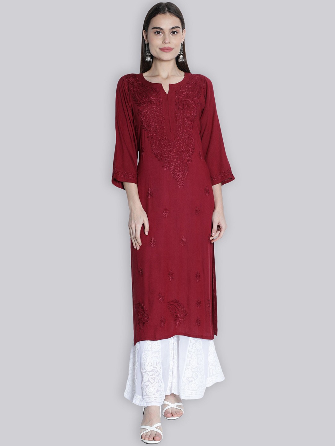 

Seva Chikan Ethnic Motifs Embroidered Thread Work Straight Kurta, Maroon