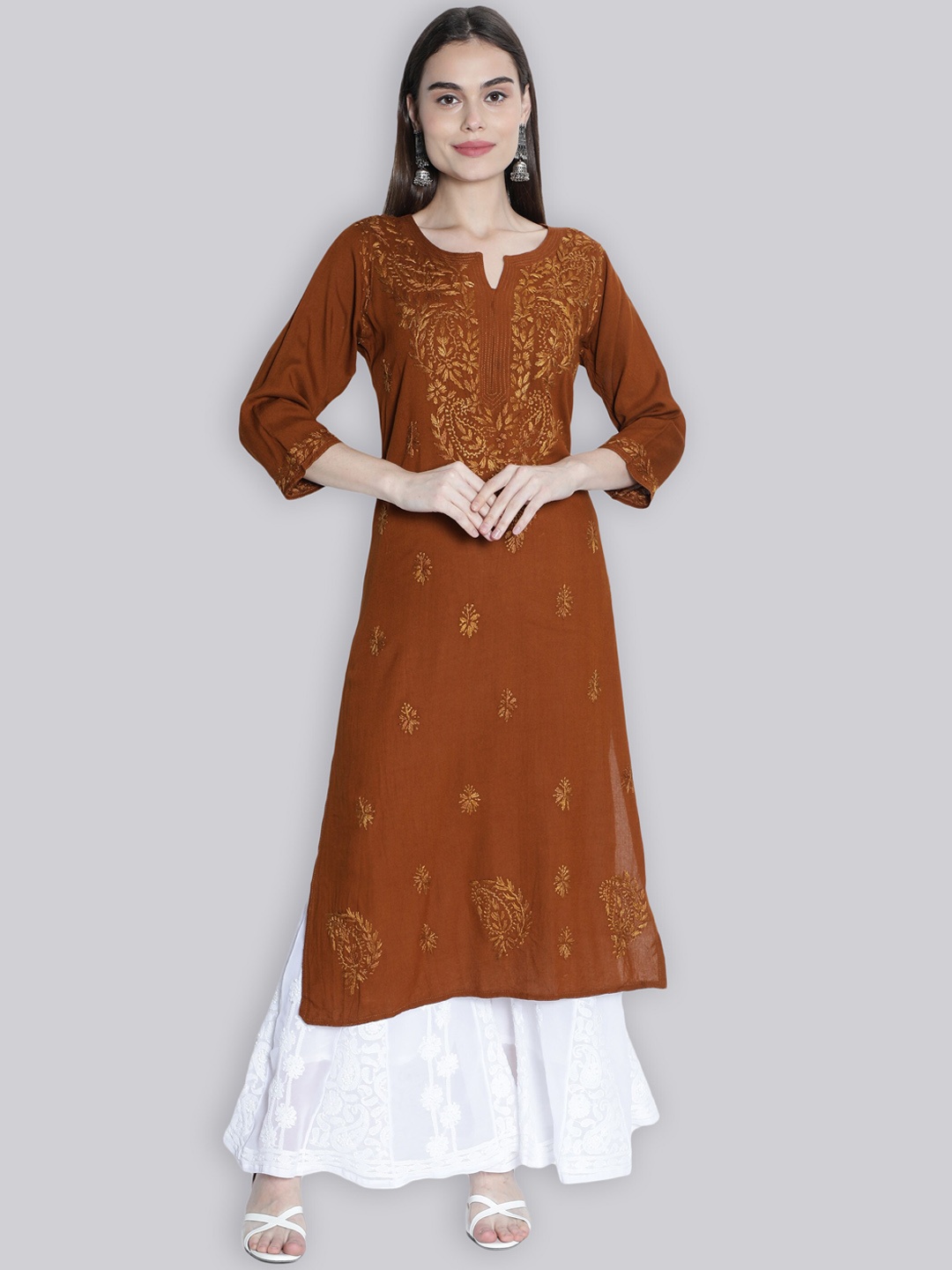 Seva Chikan Paisley Motifs Embroidered Round Neck Lucknowi Chikankari Straight Kurta, Brown