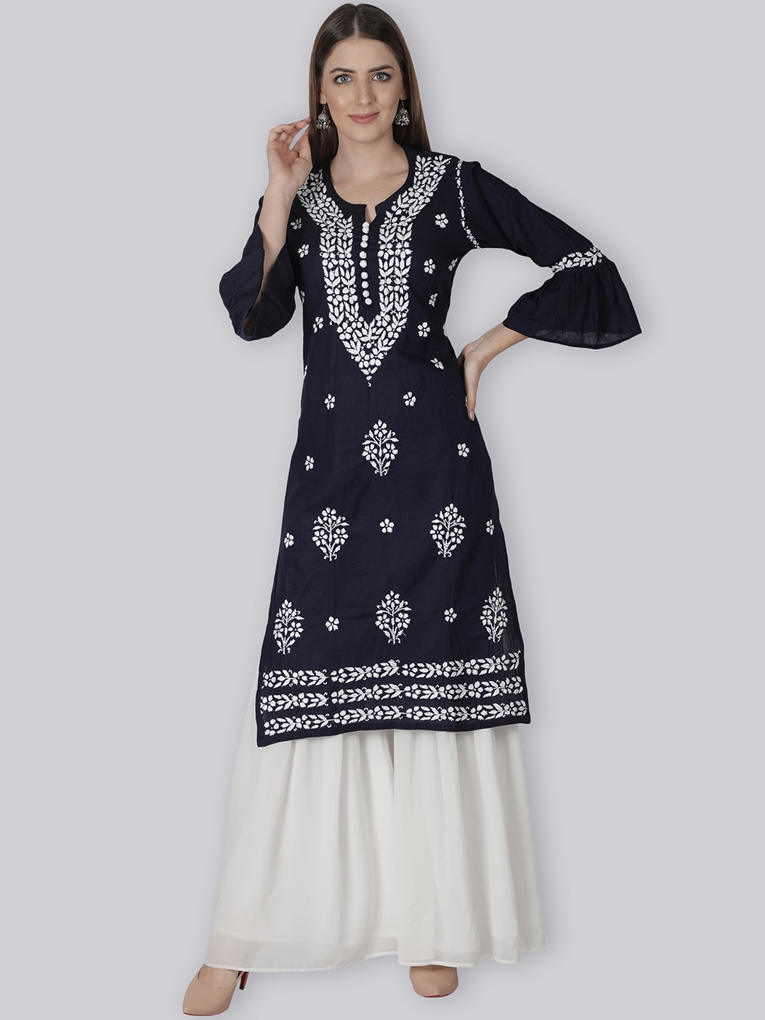 

Seva Chikan Ethnic Motifs Embroidered Puff Sleeves Cotton Kurta, Navy blue