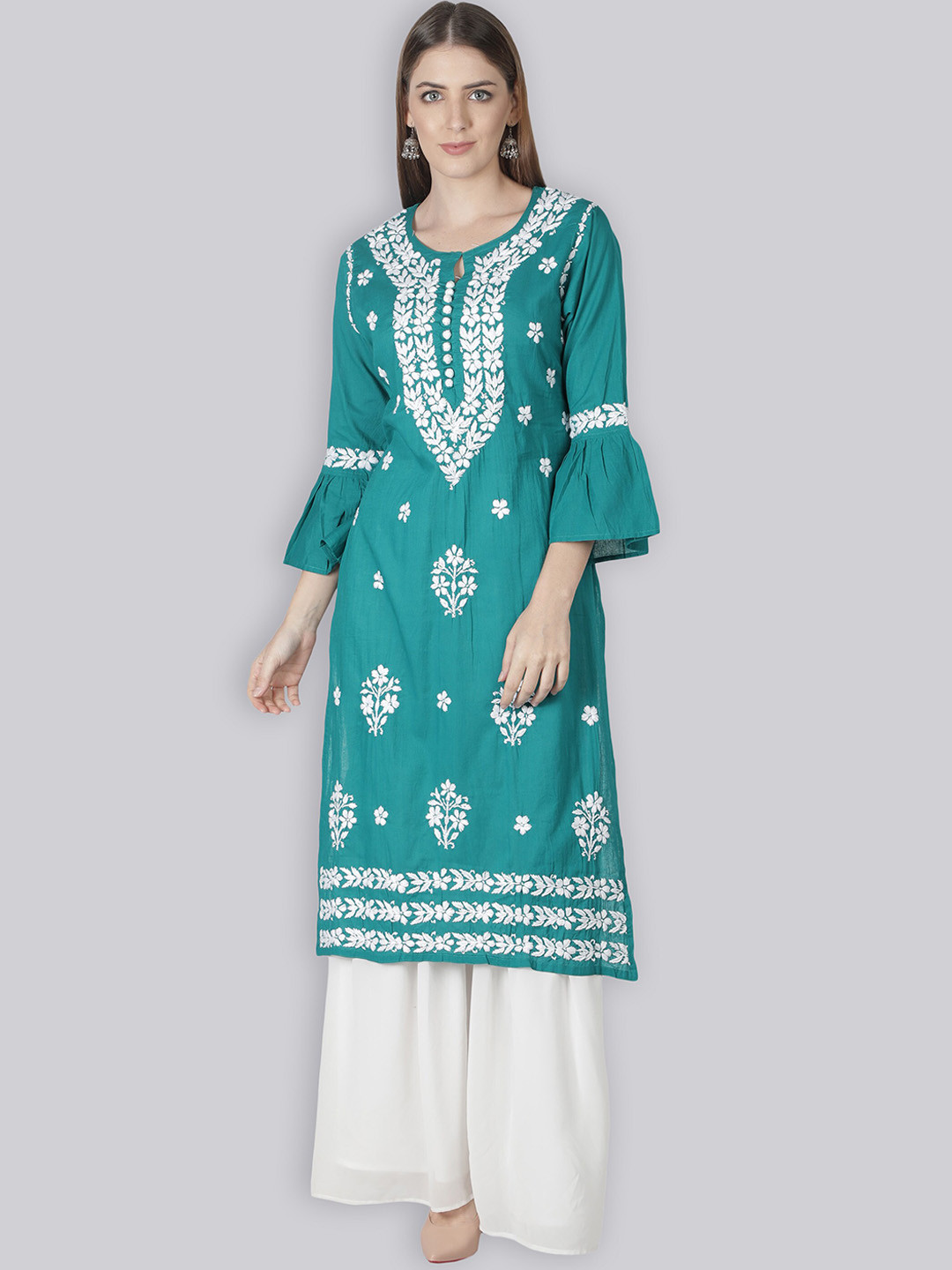 

Seva Chikan Ethnic Motifs Embroidered Bell Sleeves Lucknowi Chikankari Straight Kurta, Green