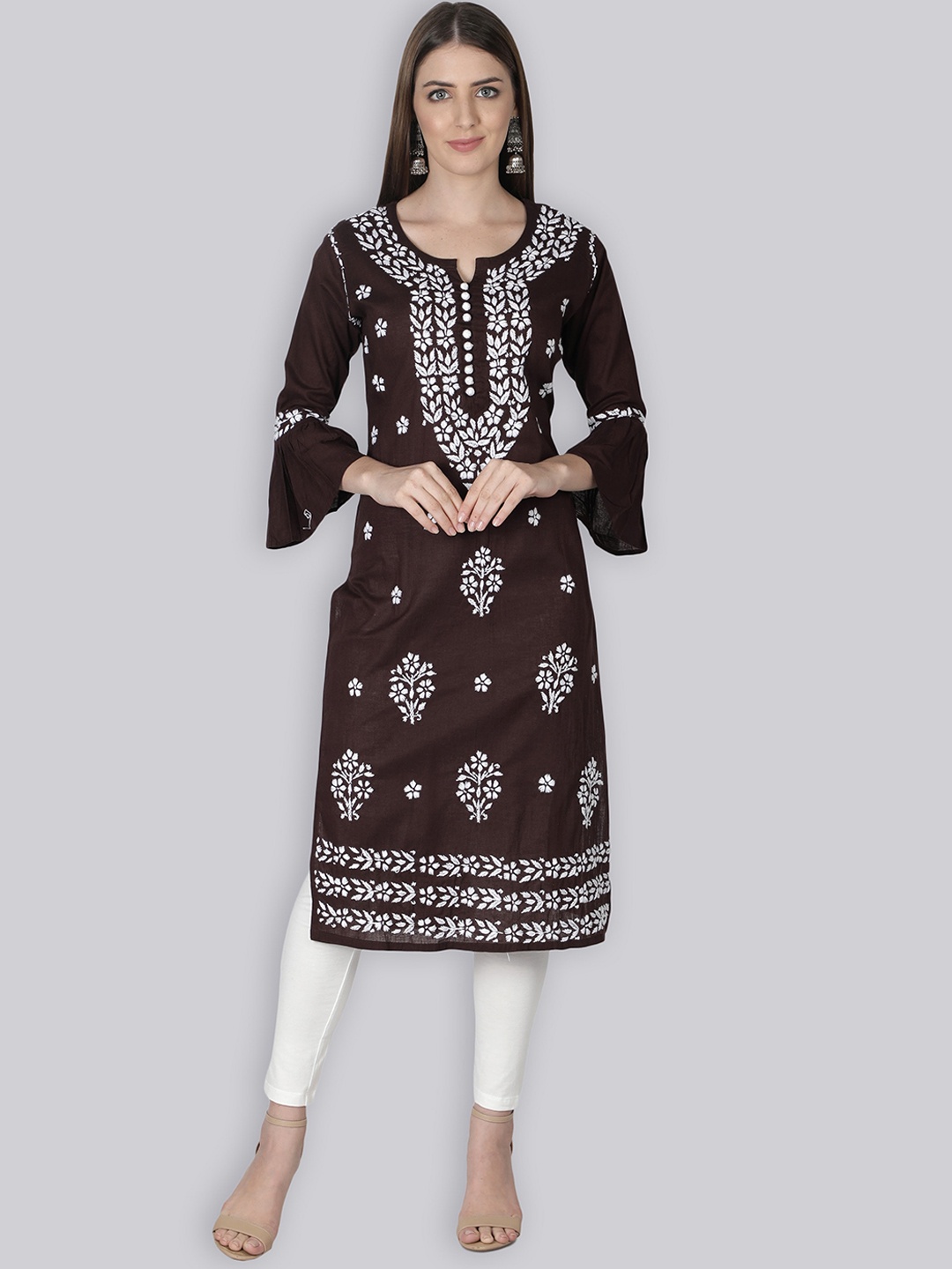 

Seva Chikan Ethnic Motifs Embroidered Cotton Flared Sleeves Mirror Work Kurta, Brown