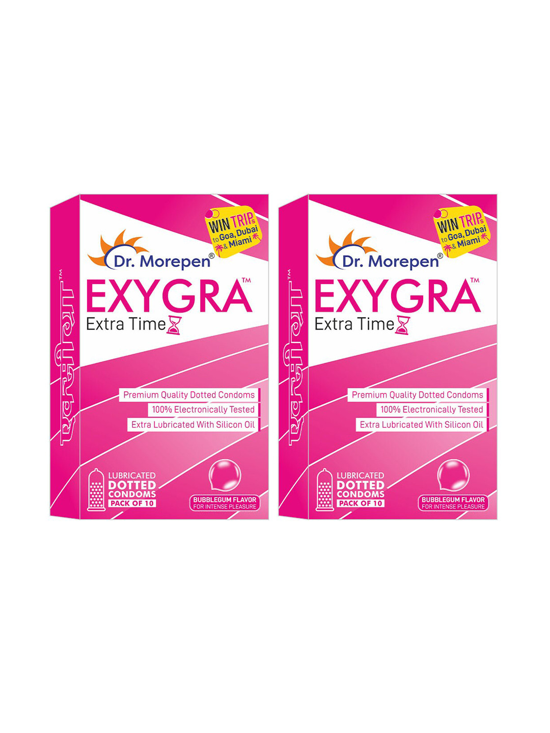 

Dr. Morepen Pack of 2 Exygra Extra Time Dotted Condoms 10 Units Each - Bubblegum Flavoured, Pink