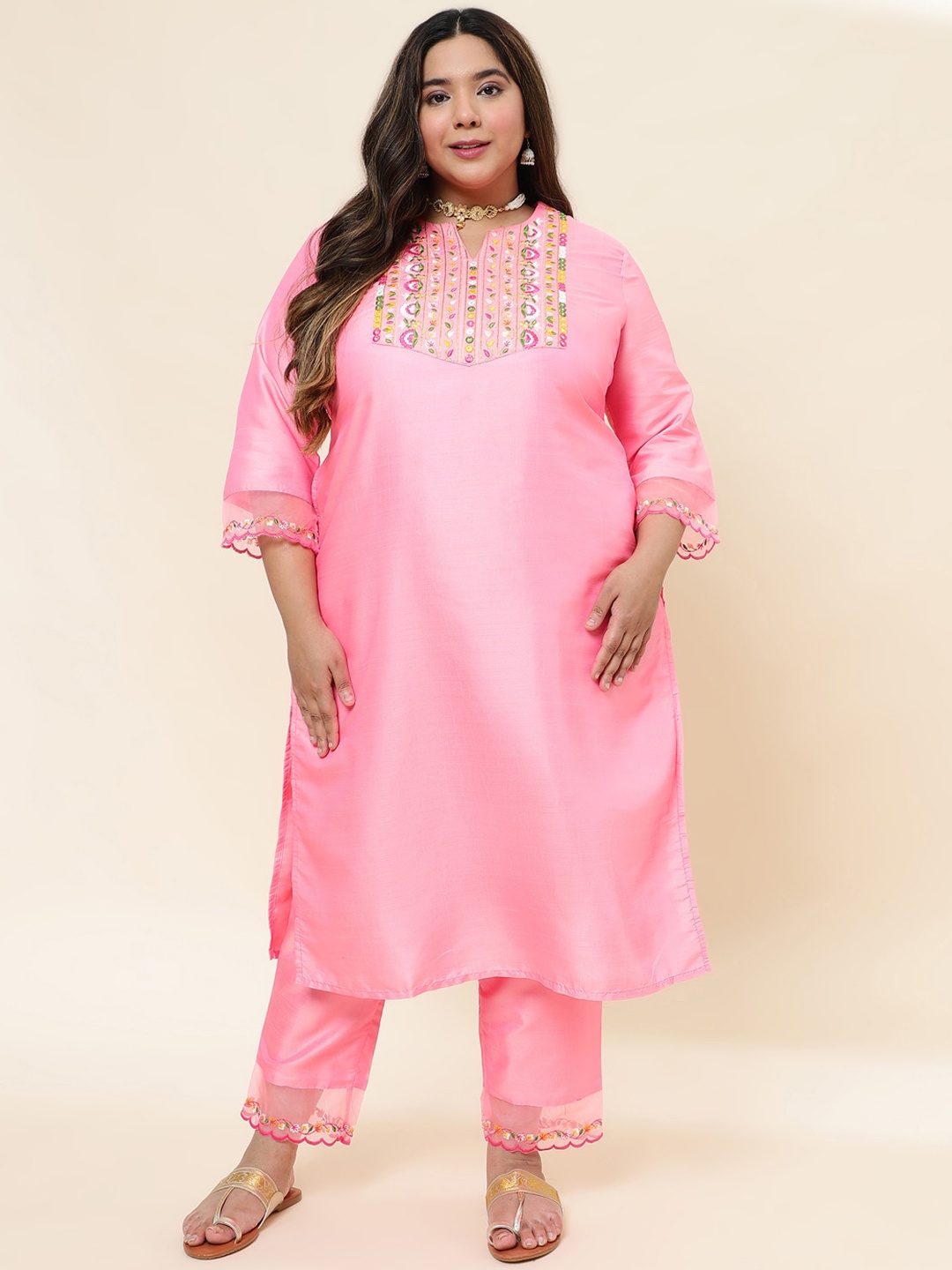 

Sringam Round Neck Floral Embroidered Regular Thread Work Kurta with Trousers, Pink