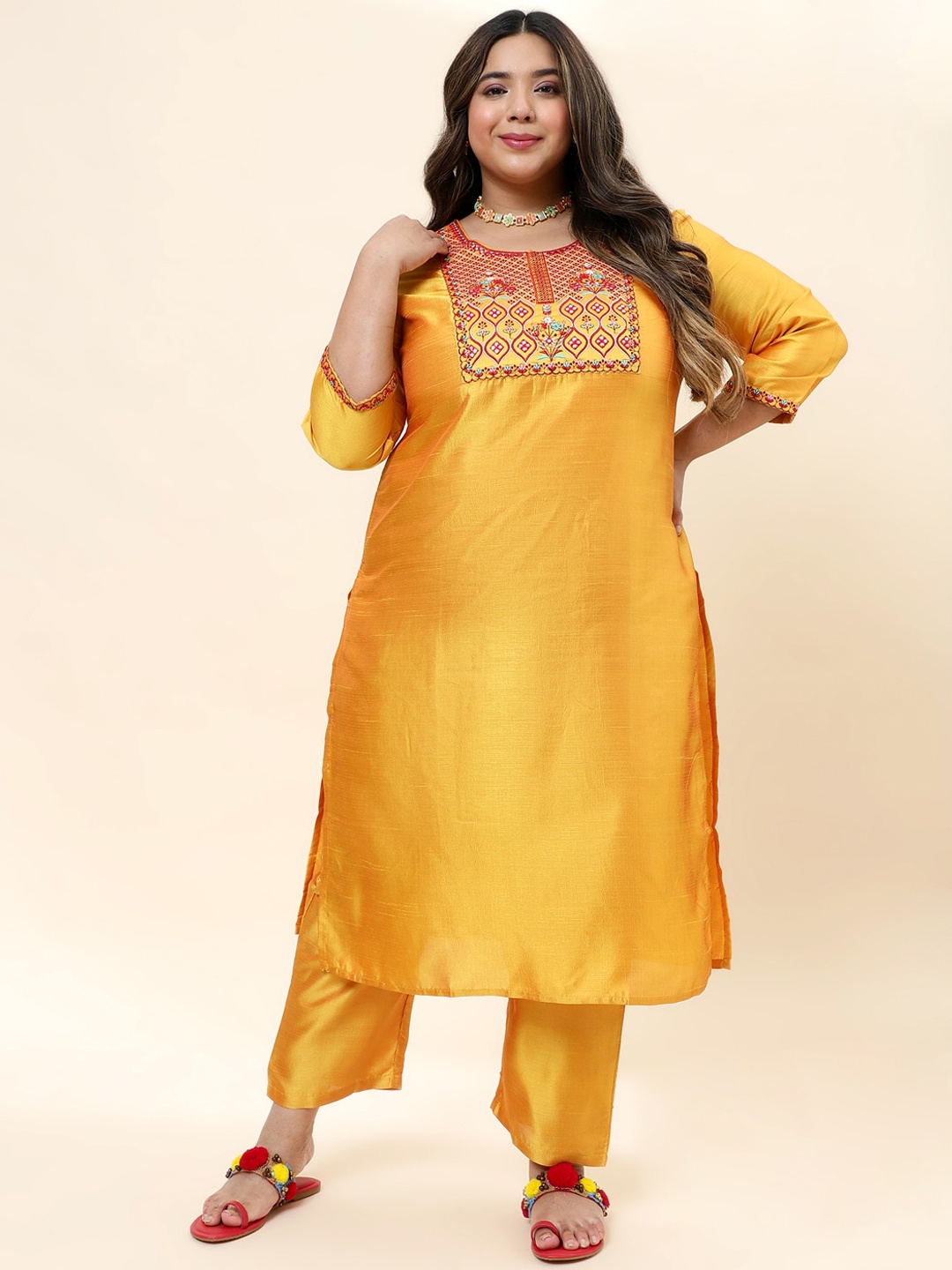 

Sringam Round Neck Ethnic Motifs Embroidered Regular Thread Work Kurta with Trousers, Mustard