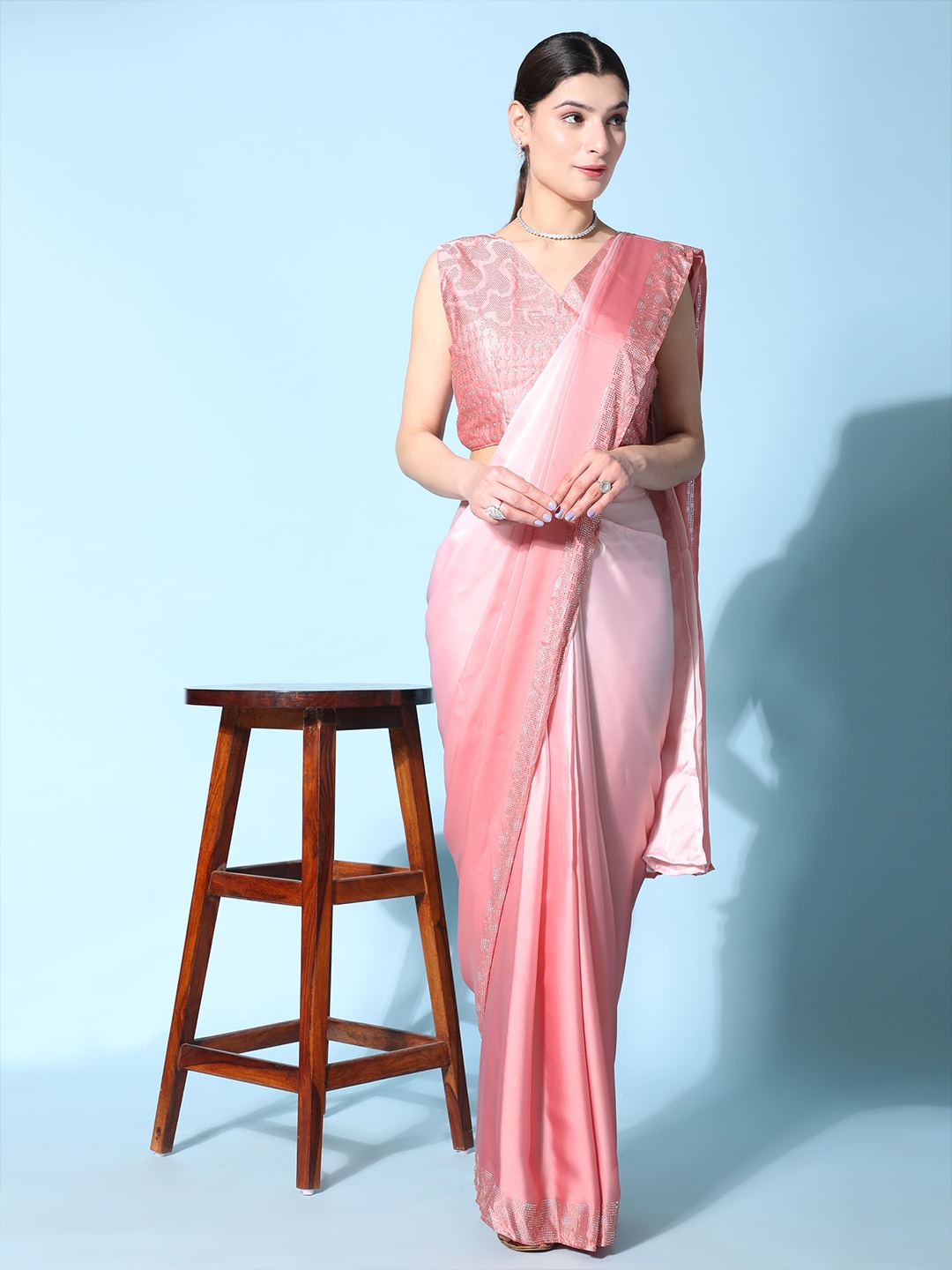 

AMOHA TRENDZ Embellished Beads And Stones Ready To Wear Saree, Peach