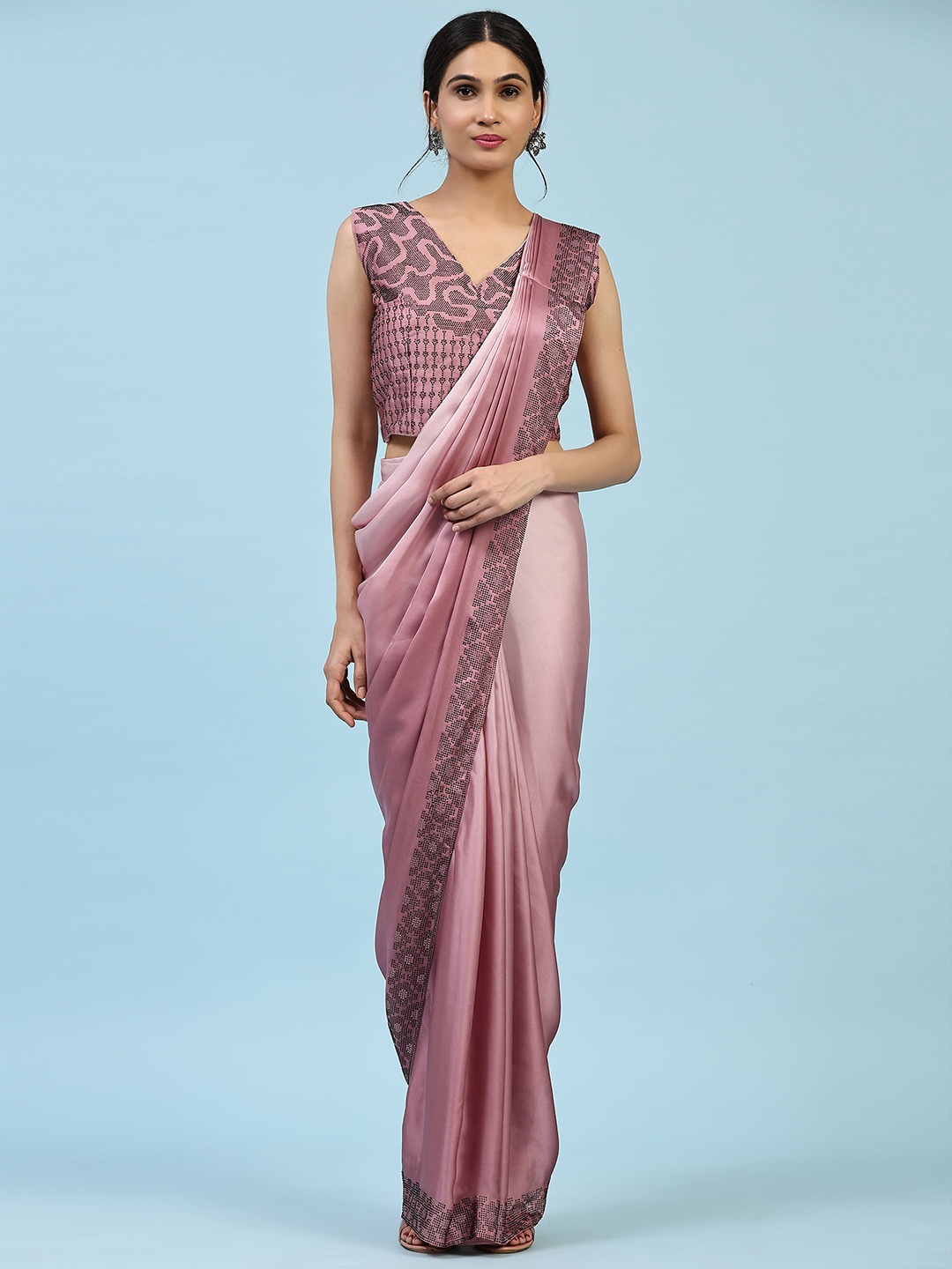 

AMOHA TRENDZ Embellished Beads And Stones Ready To Wear Saree, Pink