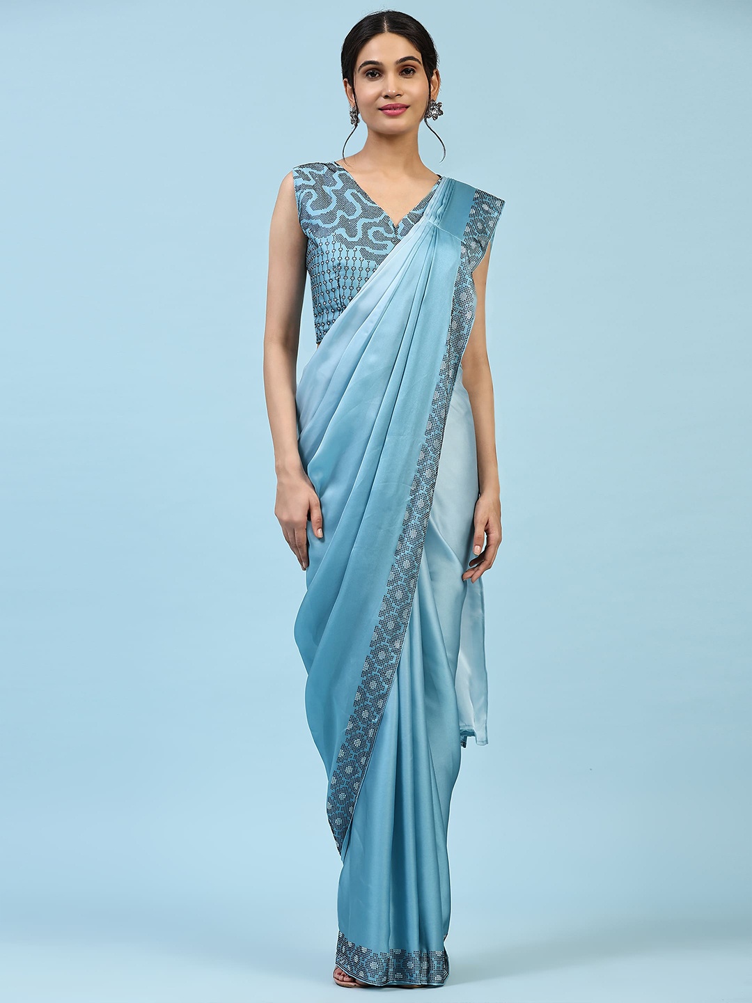 

AMOHA TRENDZ Embellished Satin Ready to Wear Saree, Turquoise blue