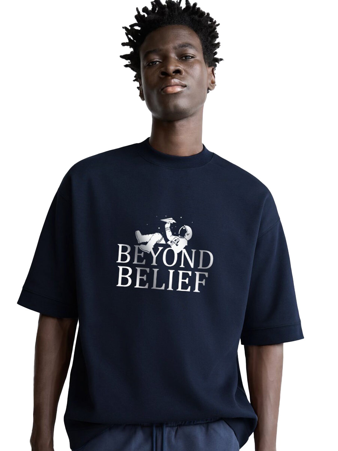 

MISCHIEF MONKEY Typography Printed Cotton T-shirt, Navy blue