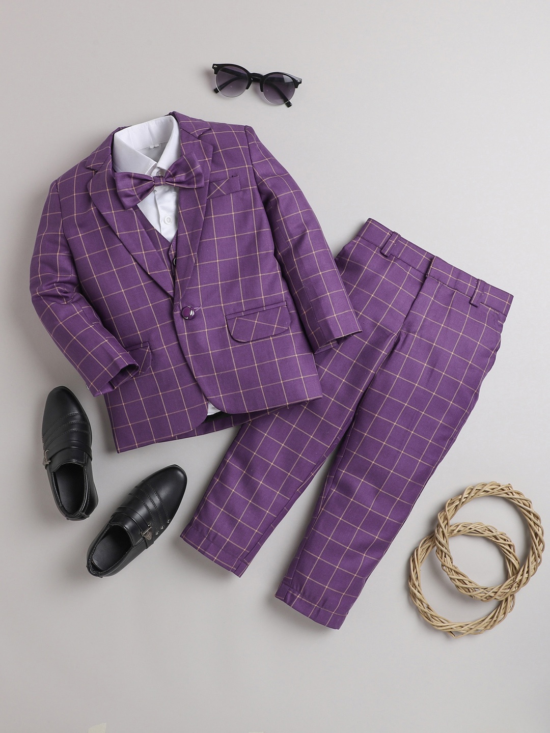 

BAESD Boys Checked Notched Lapel Collar Single-Breasted Silk Cotton 3 Piece Suit, Purple