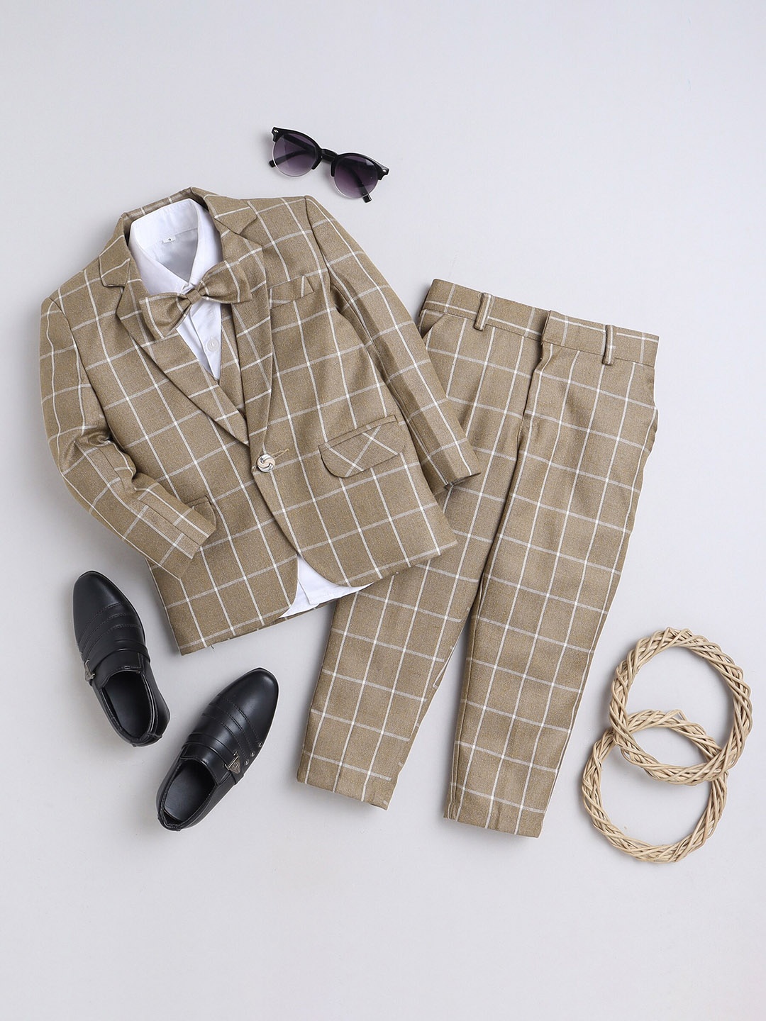 

BAESD Infant Boys Checked Blazer & Waistcoat With Trousers Bow 4 Piece Party Suits, Khaki