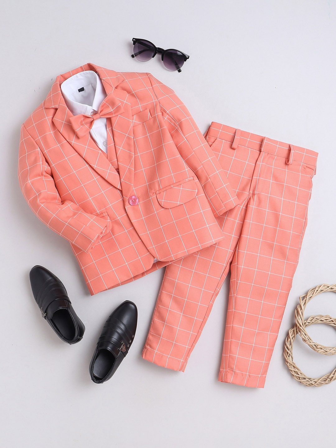 

BAESD Boys Checked Notched Lapel Single-Breasted 4-Piece Suit, Peach