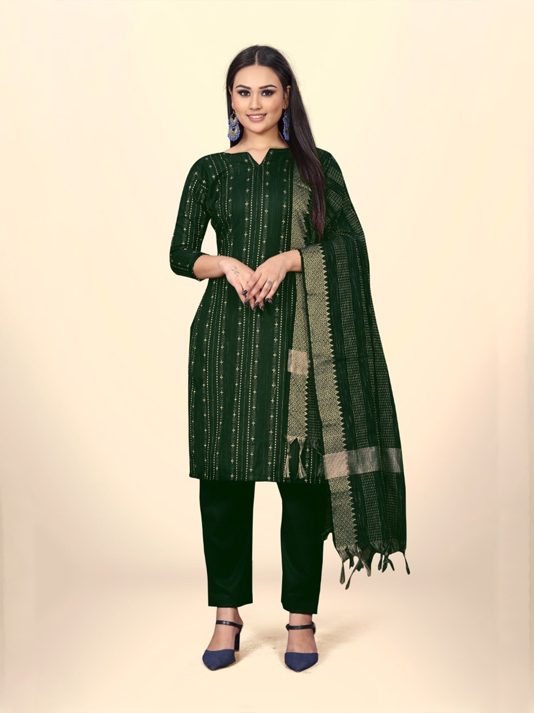 

LeeliPeeri Designer Striped Printed Unstitched Dress Material, Green