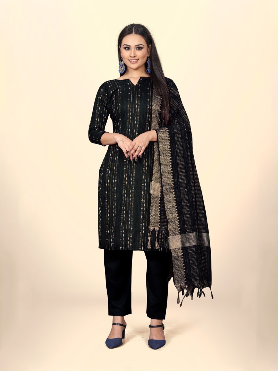 

LeeliPeeri Designer Ethnic Motifs Woven Design Jacquard Unstitched Dress Material, Black