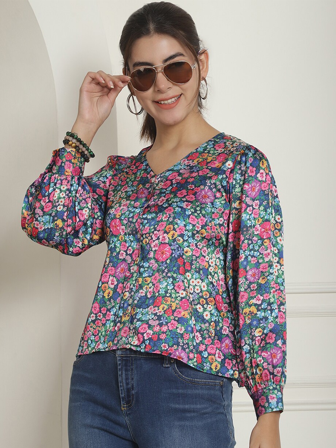 

Indian Needle Floral Printed Satin Top, Blue