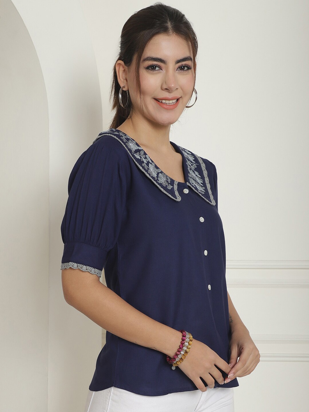 

Indian Needle Floral Embroidered Peter Pan Collar Top, Navy blue