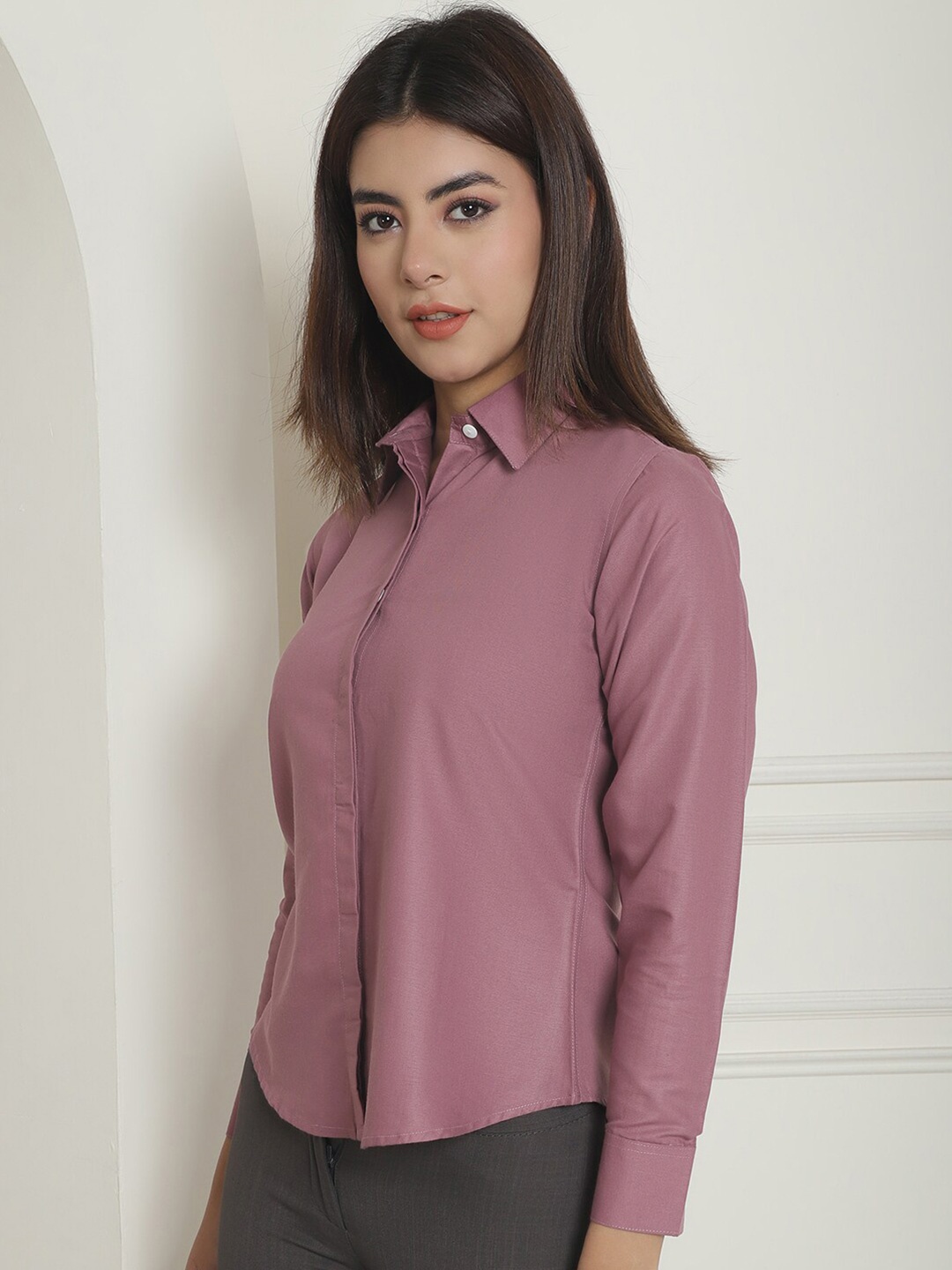 

Indian Needle Cuffed Sleeves Shirt Style Top, Magenta