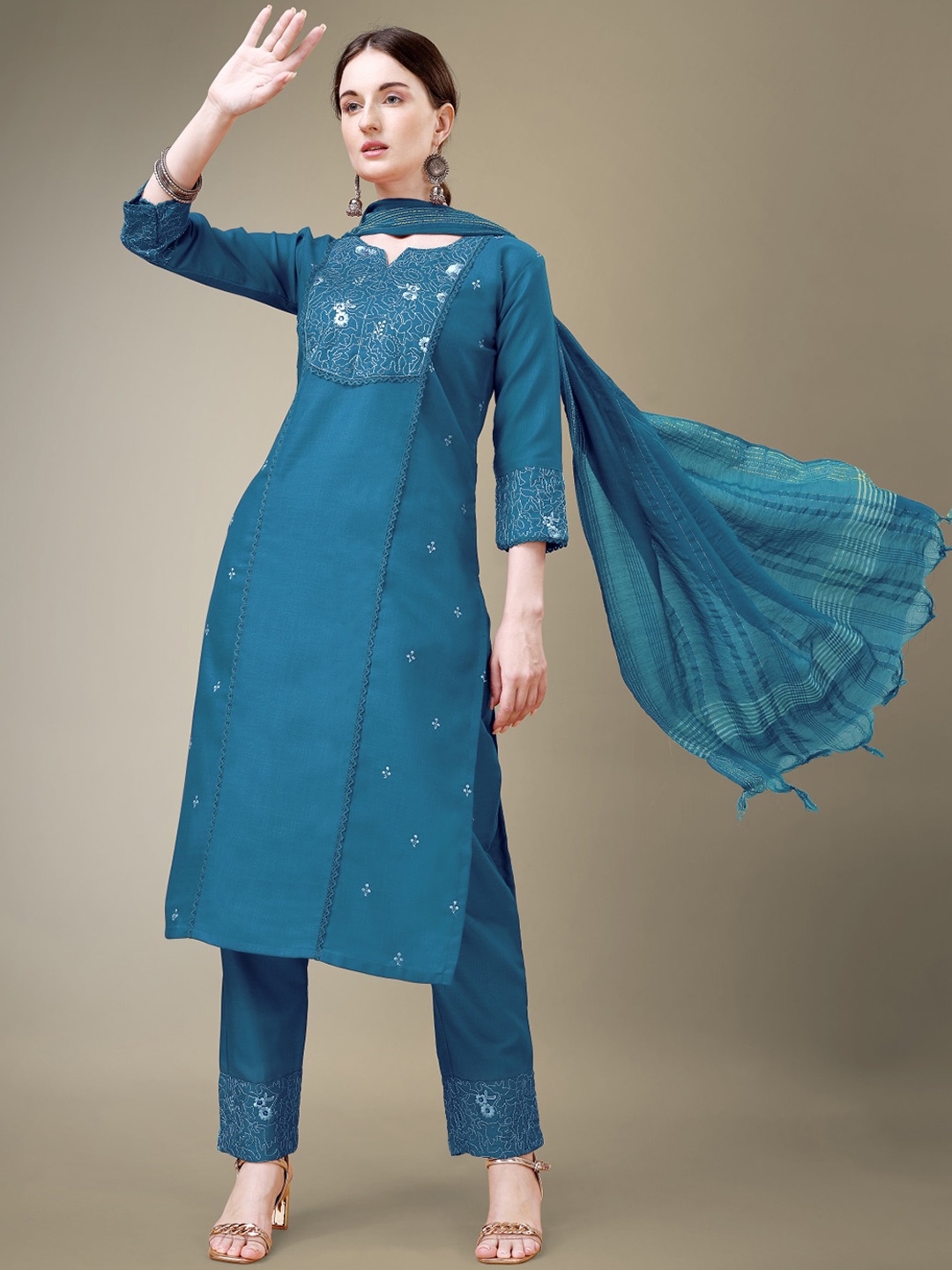 

Anouk Ethnic Motifs Embroidered Straight Kurta With Trouser & Dupatta, Turquoise blue