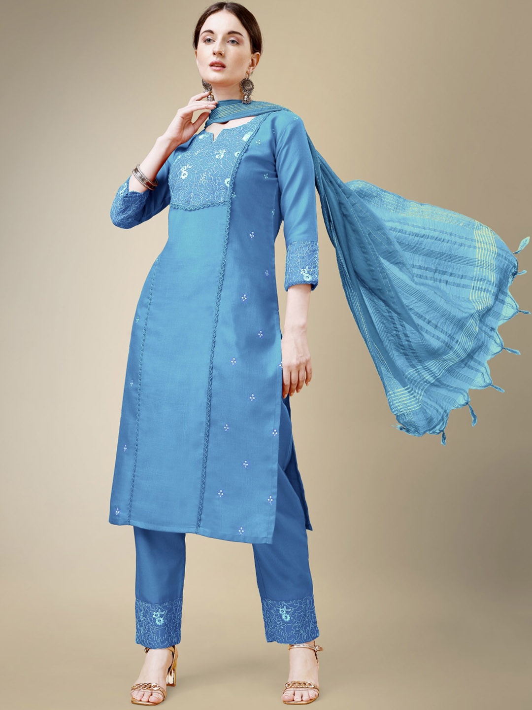 

Anouk Ethnic Motifs Embroidered Straight Kurta With Trouser & Dupatta, Blue