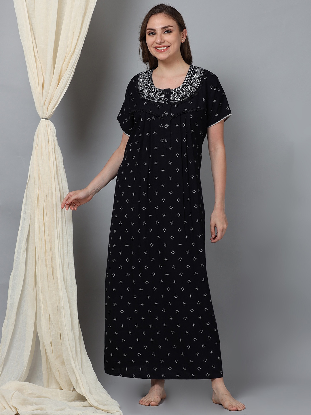 

9shines Label Ethnic Motifs Printed Maxi Nightdress, Black