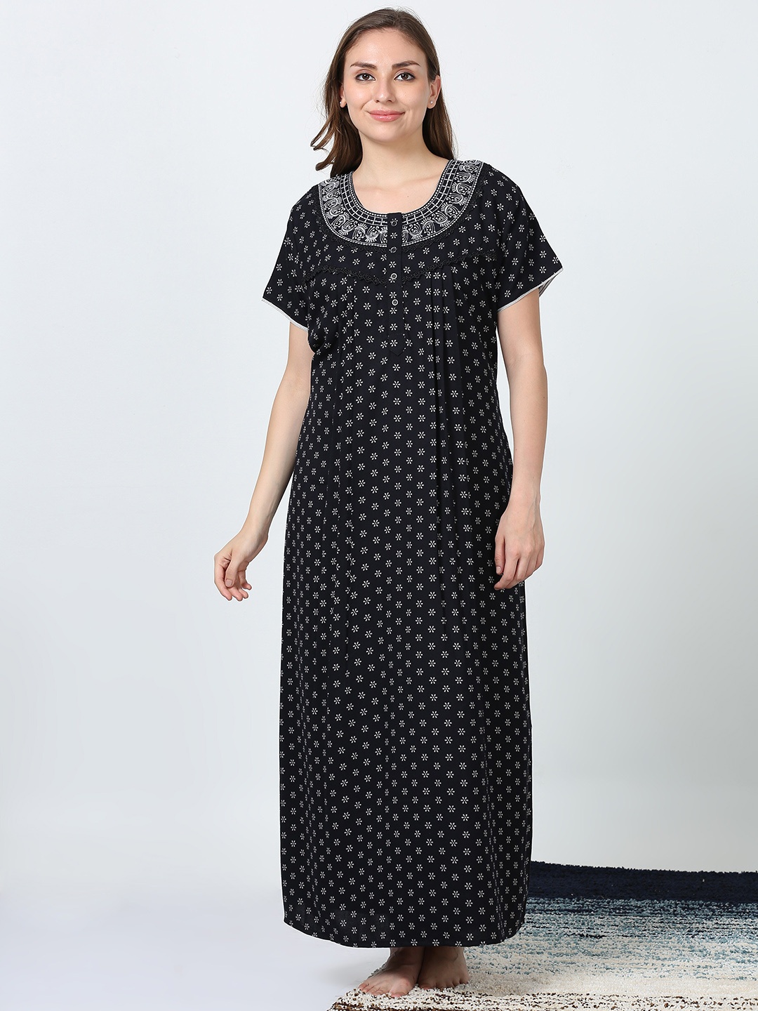 

9shines Label Floral Printed Lace Maxi Nightdress, Black