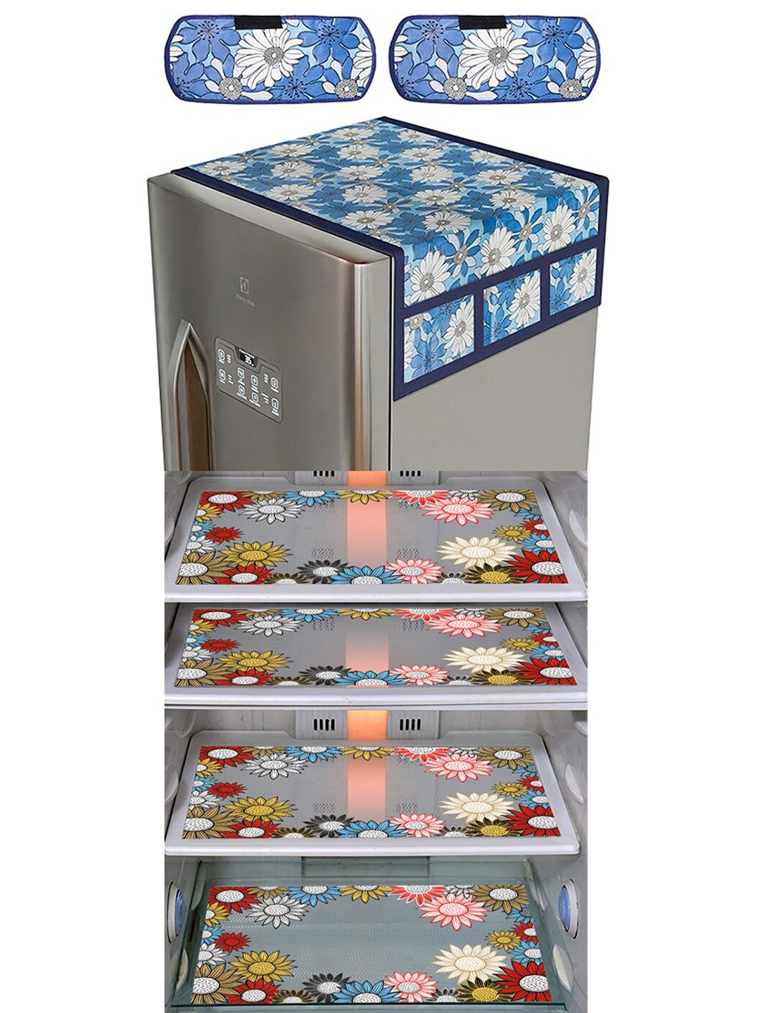 

Dakshya Industries Blue &Transparent 6Pcs Printed Fridge Top Cover Handle Covers & Mats