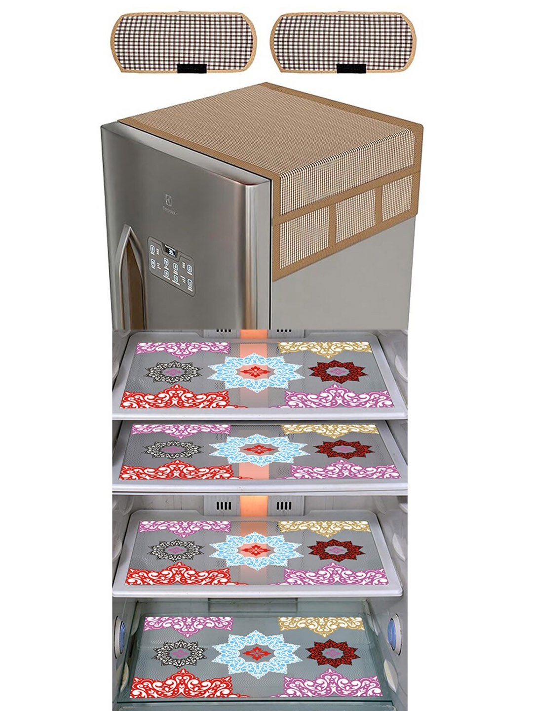 

Dakshya Industries Brown & Pink 6 Pieces Printed Refrigerator Appliance Covers, Beige