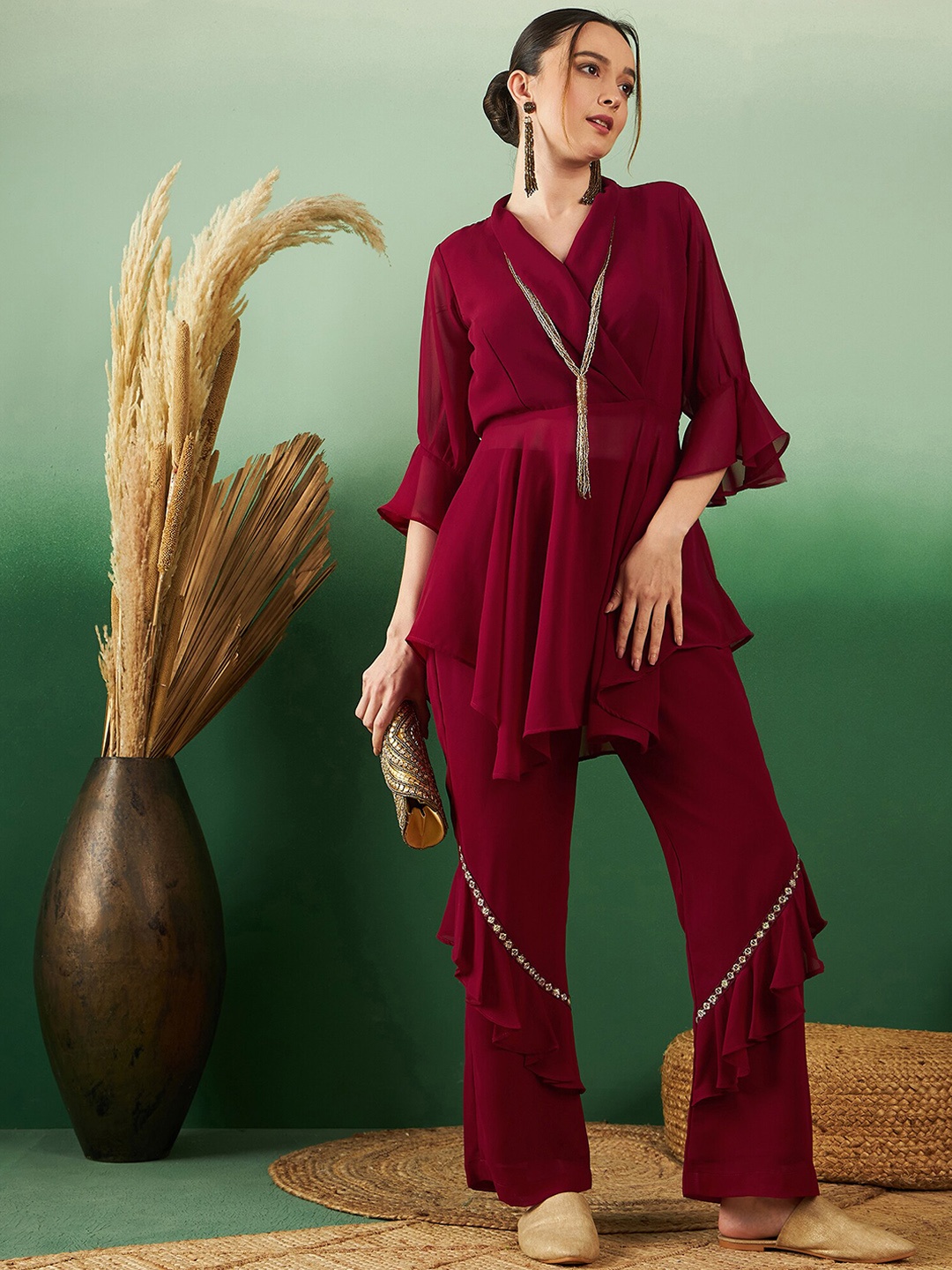 

Sangria Maroon V-Neck Bell Sleeves Tunic With Trousers