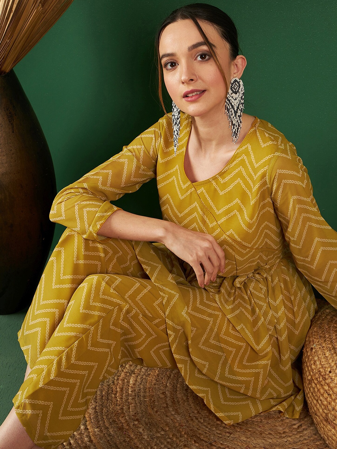 

Sangria Yellow Printed V-Neck Tunic With Trousers Co-Ords