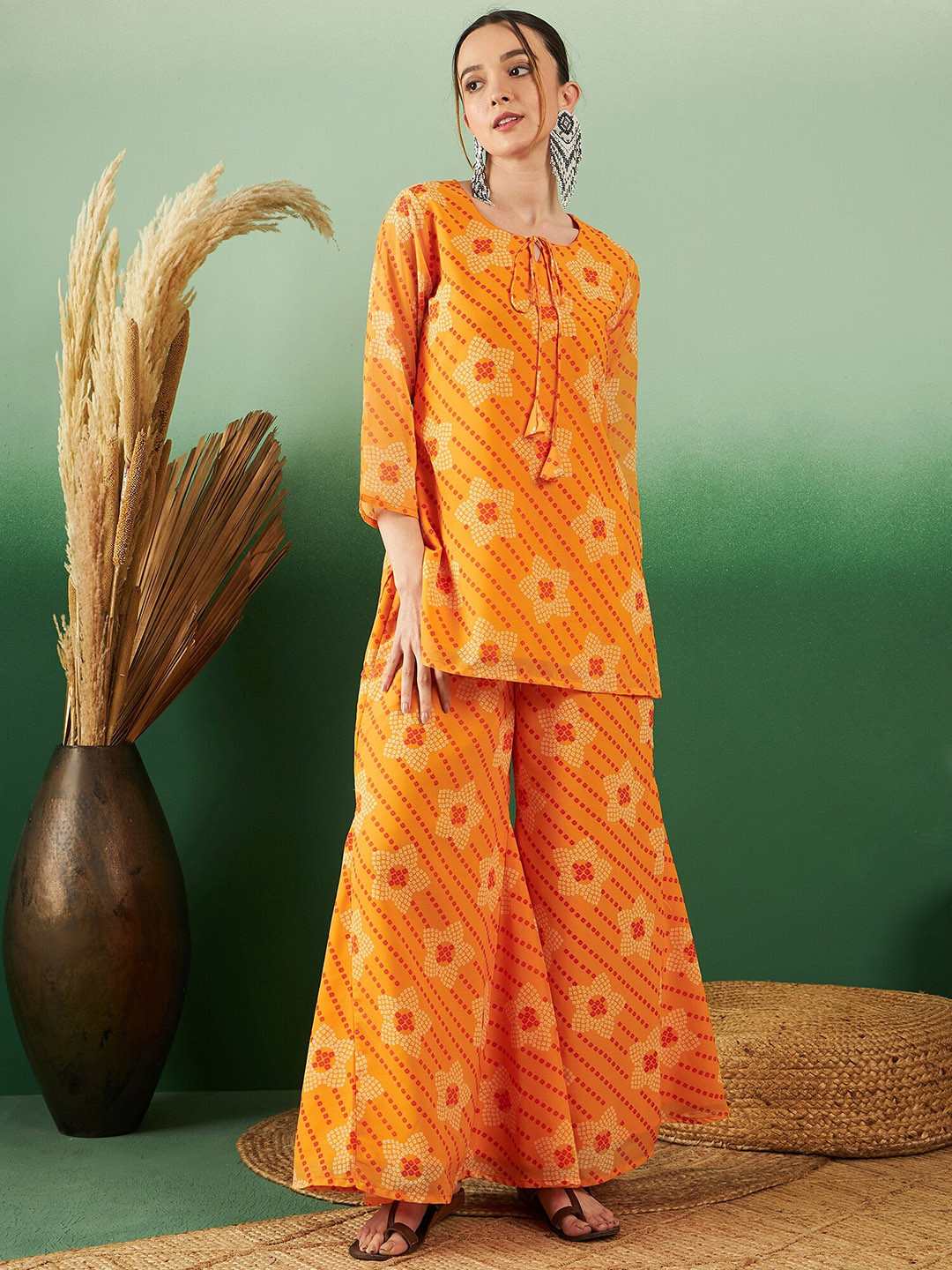 

Sangria Orange Floral Printed V-Neck Tunic With Palazzos Co-Ords