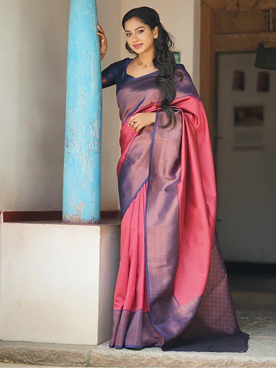 

GLORYANCE Striped Woven Design Zari Banarasi Saree, Pink