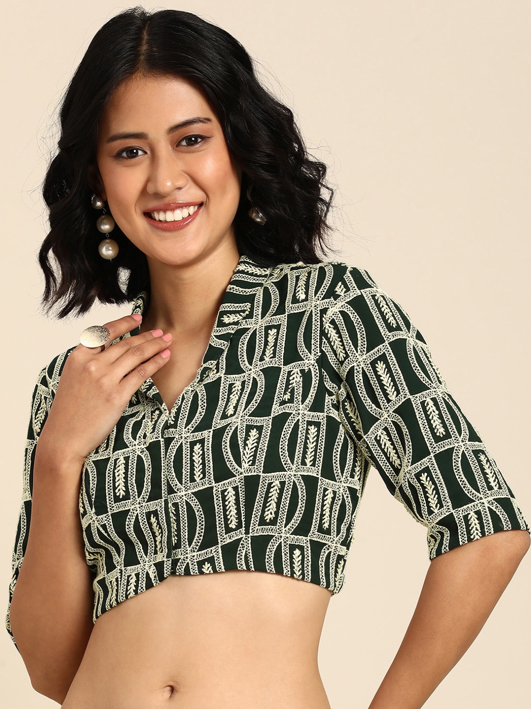 

Ethnovog Embroidered Thread Work Georgette Saree Blouse, Green