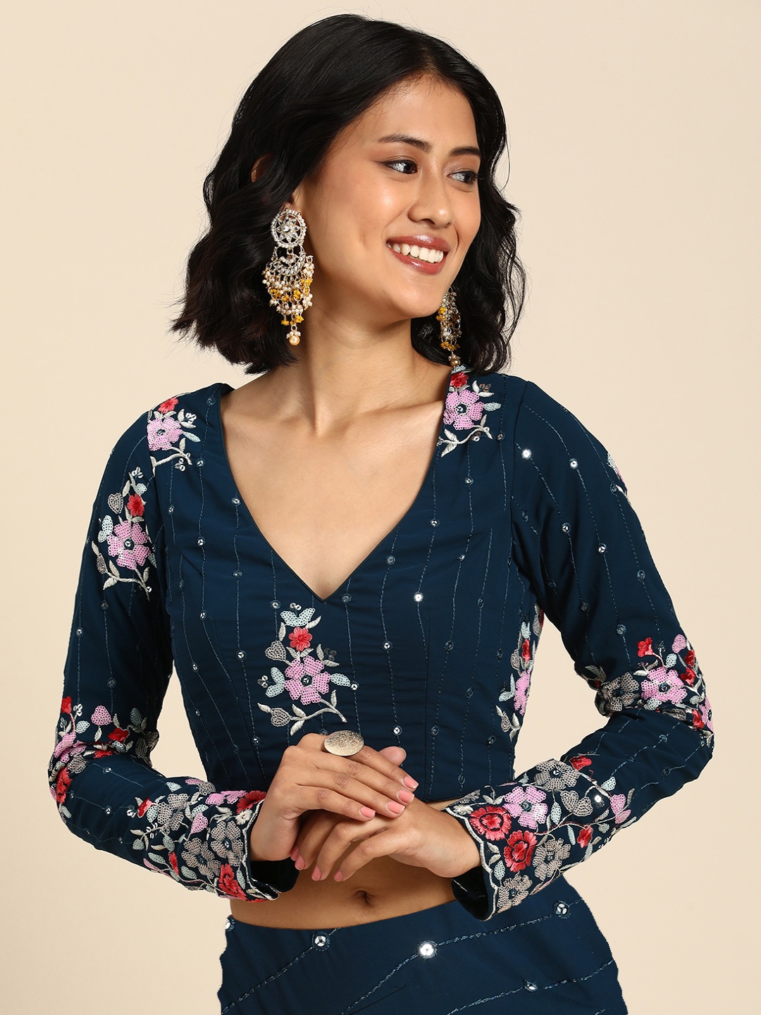 

Ethnovog Floral Embroidered Sequinned Saree Blouse, Navy blue