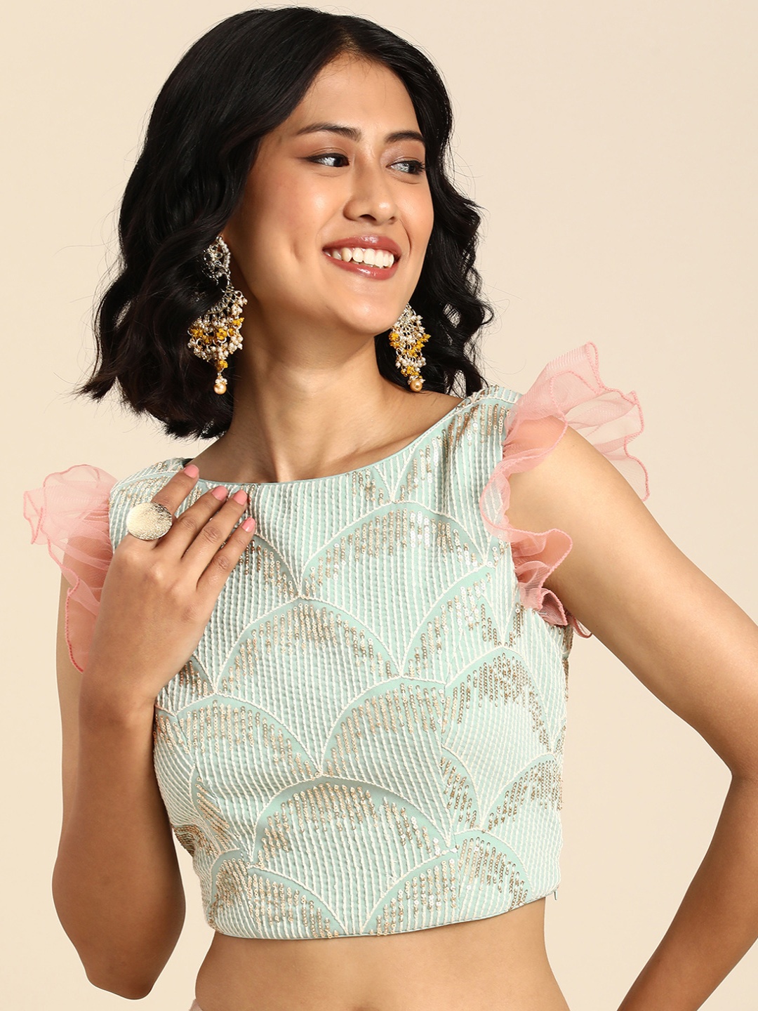 

Ethnovog Embroidered Boat Neck Flutter Sleeves Sequinned Saree Blouse, Sea green