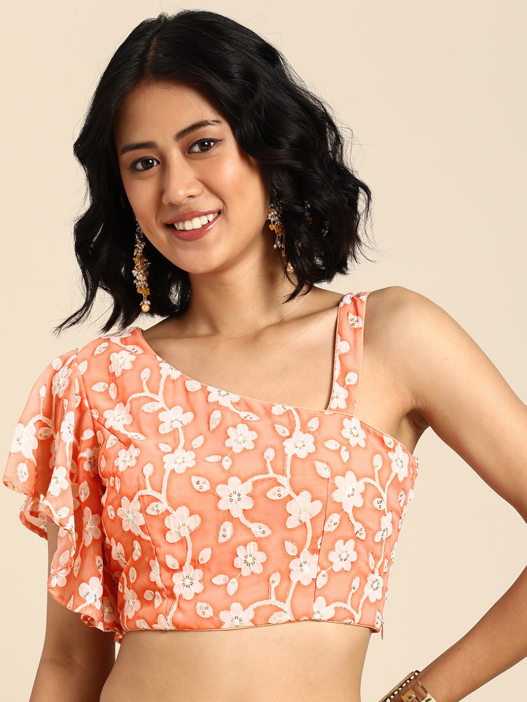 

Ethnovog Embroidered Sequinned One-Shoulder Saree Blouse, Peach