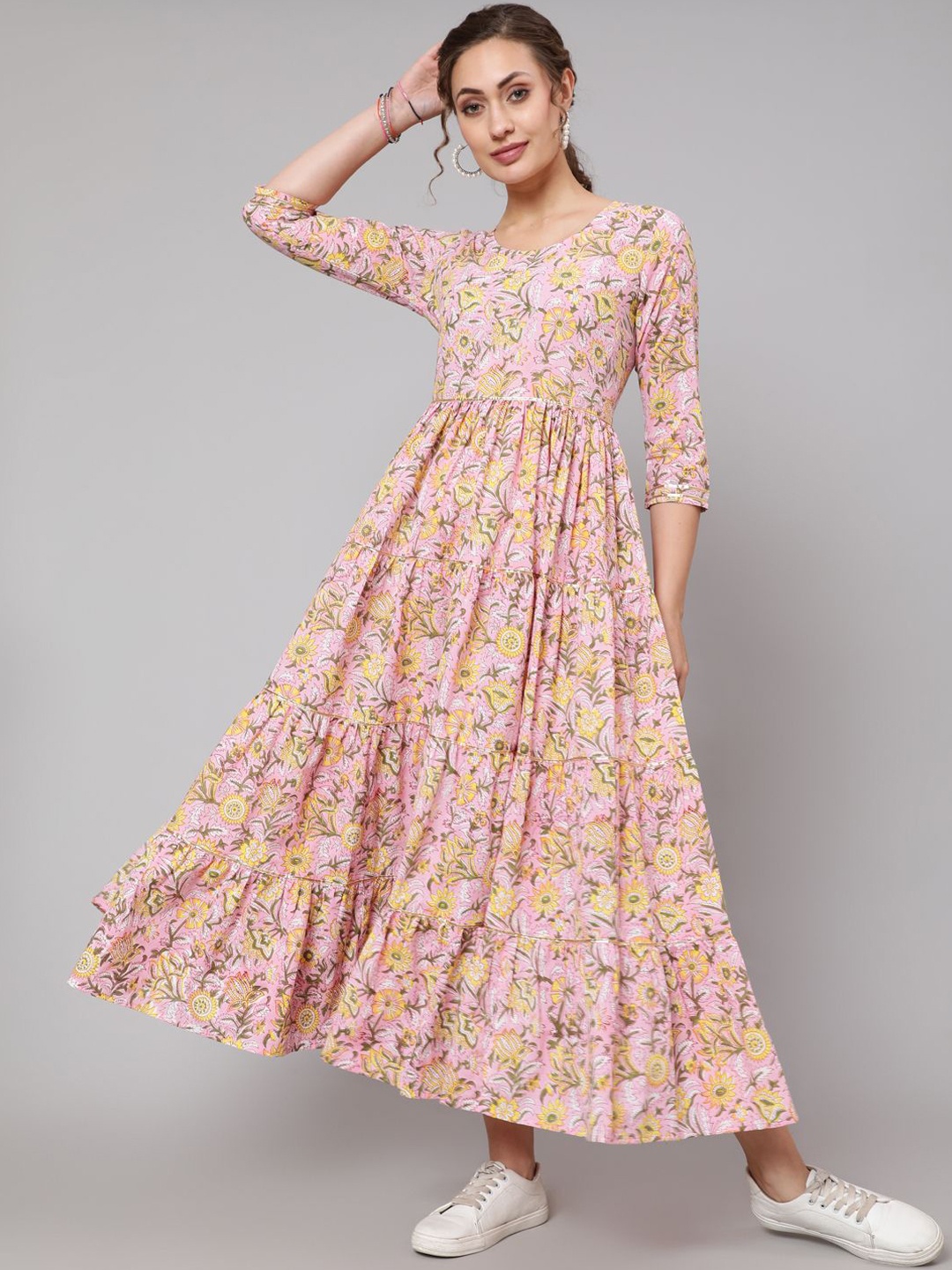 

GLAM ROOTS Floral Printed Pure Cotton Fit & Flare Maxi Dress, Pink