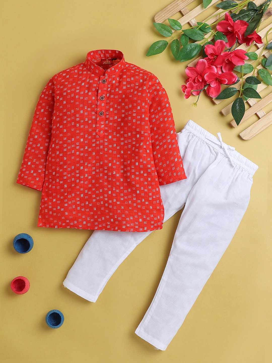 

BAESD Boys Geometric Printed Regular Mandarin Collar Kurta with Pyjamas, Red